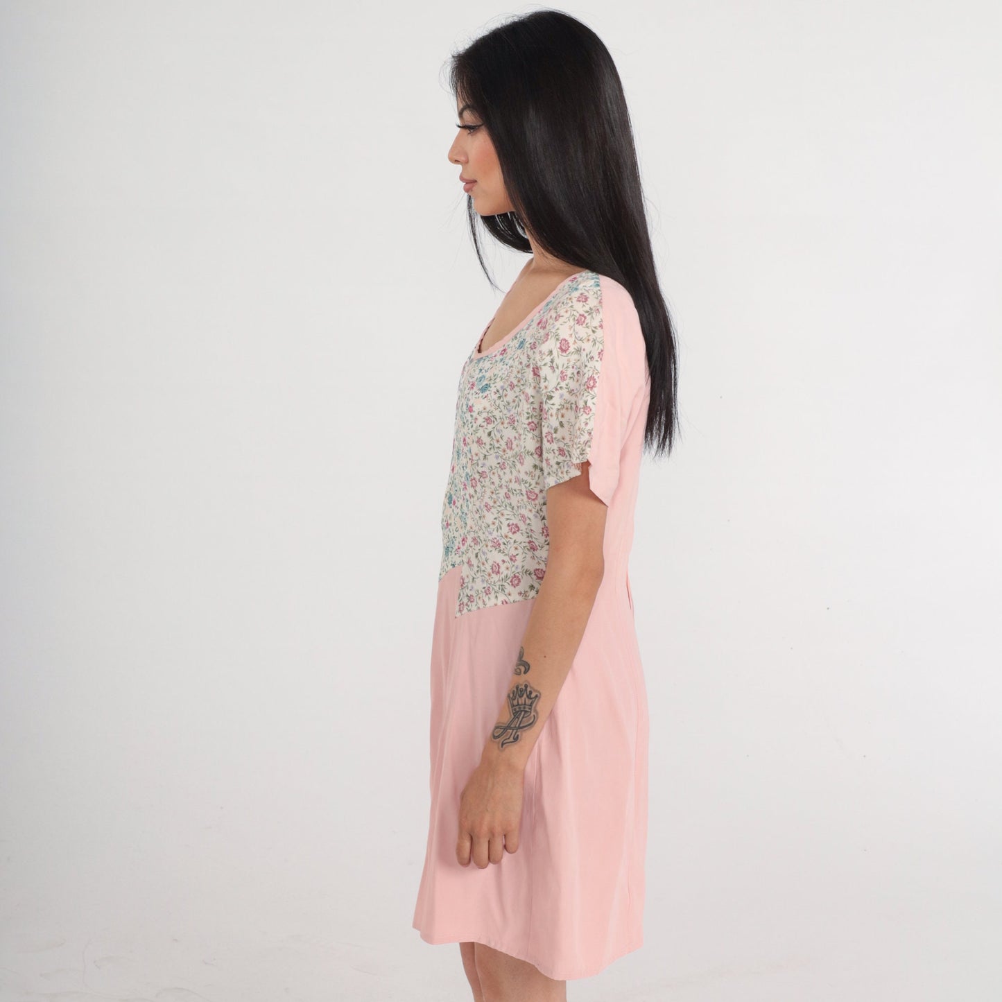 90s Floral Skater Mini Dress Pink White Graphic Short Sleeve Medium M