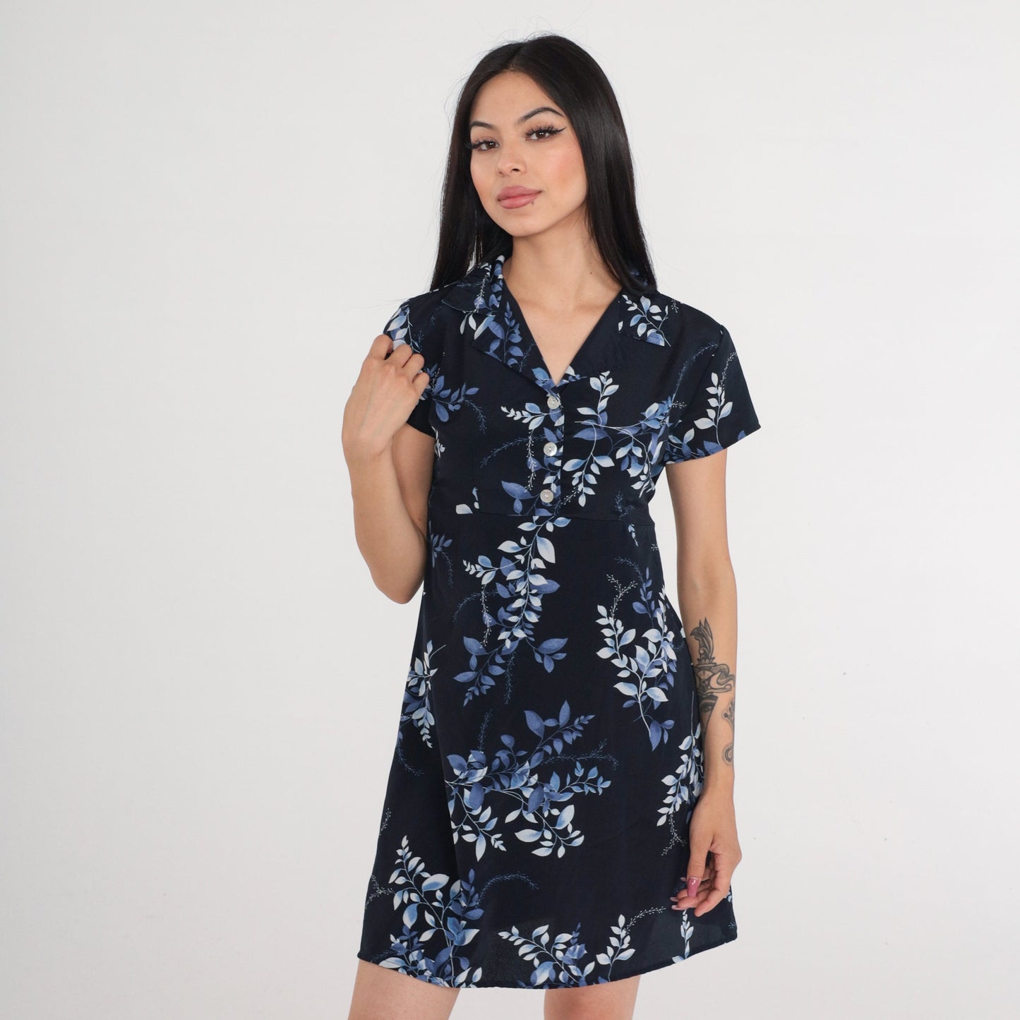 90s Jodi of California Navy Leaf Print Mini Dress Empire Waist Medium