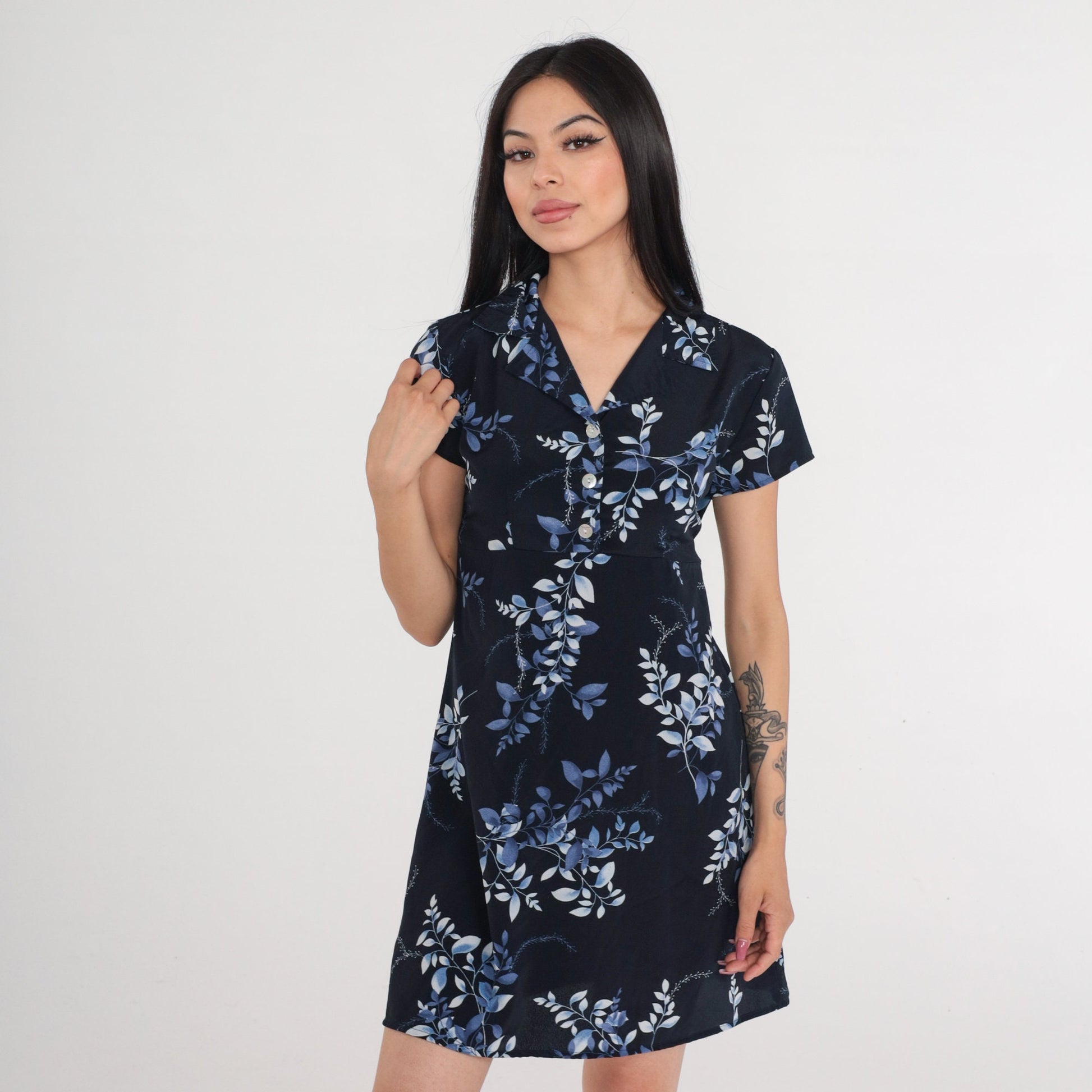 90s Jodi of California Navy Leaf Print Mini Dress Empire Waist Medium
