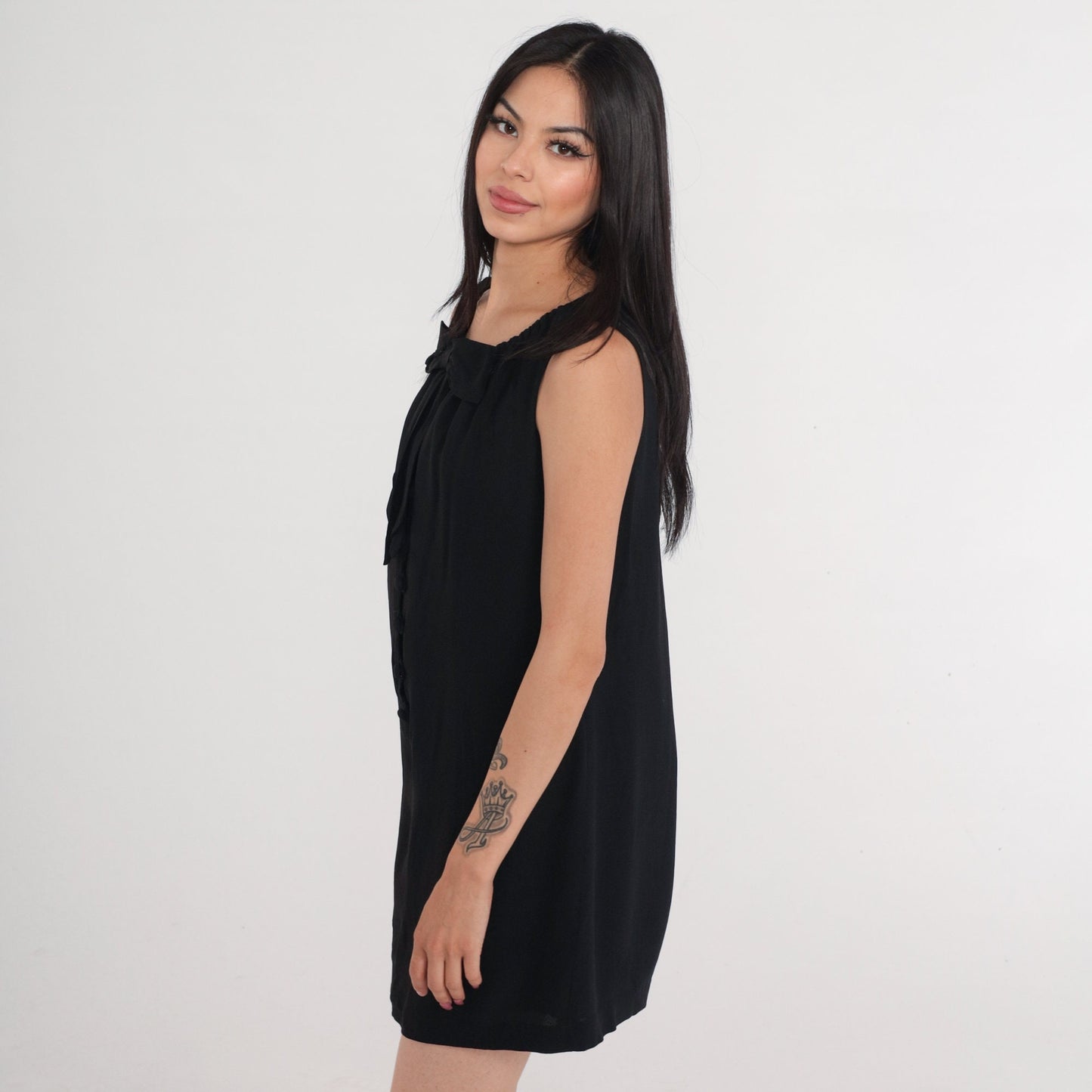 60s Black Shift Dress Bow Neckline Button Front Mini Medium M