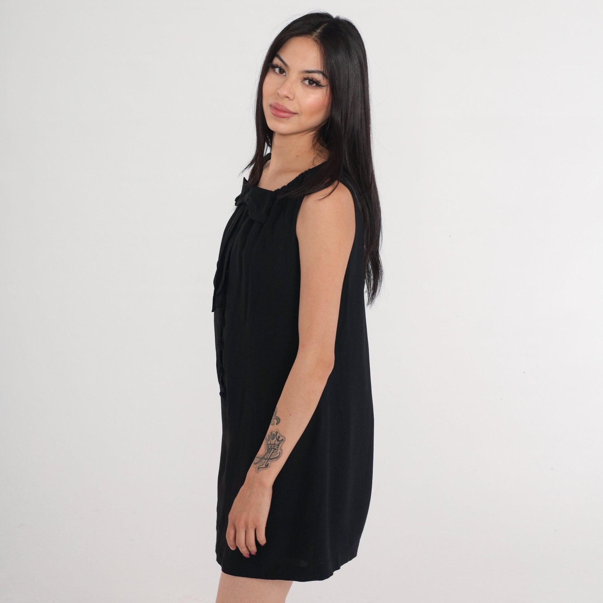 60s Black Shift Dress Bow Neckline Button Front Mini Medium M