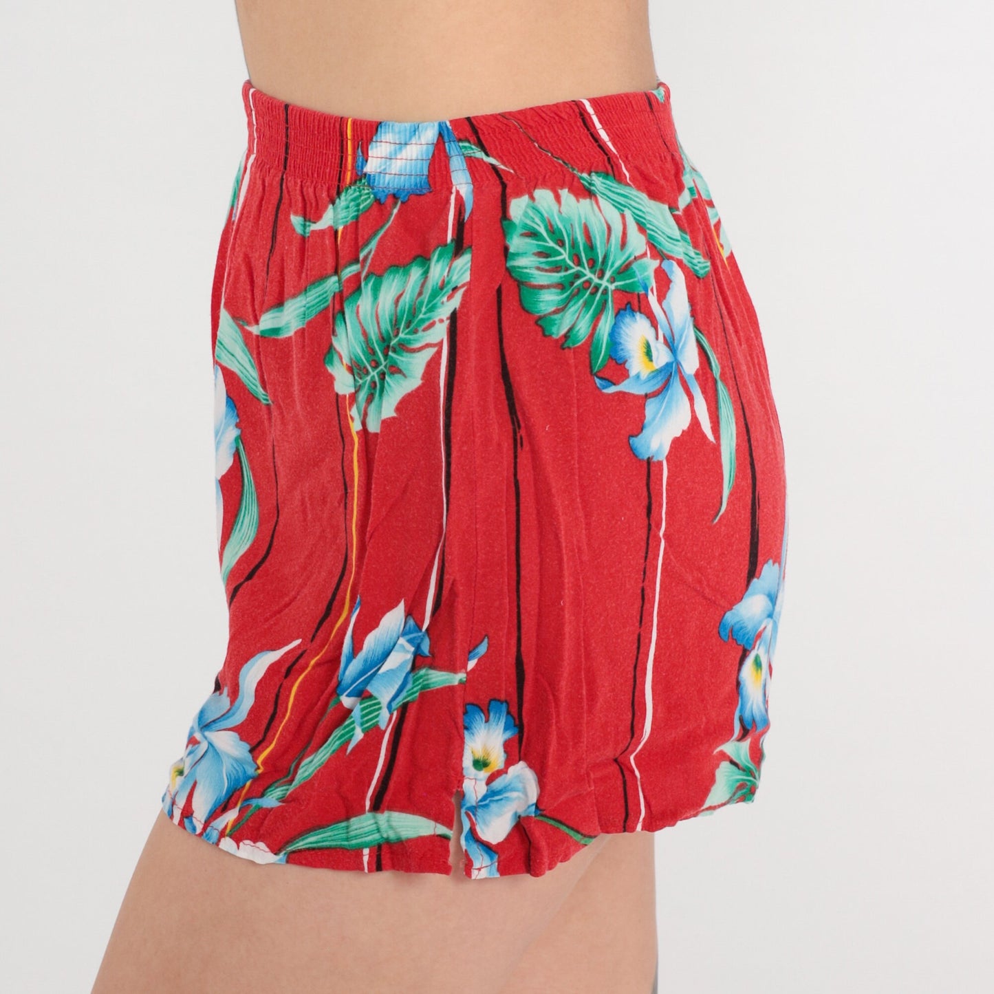 80s Tropical Floral High-Waist Shorts Red Cotton Jungle Print XS