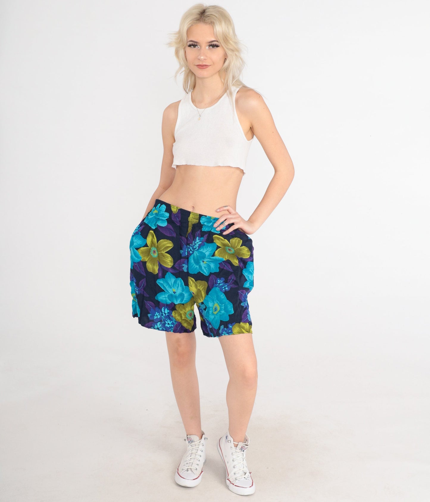 90s Tropical Floral Print Shorts High Elastic Waist Blue Purple Green Medium