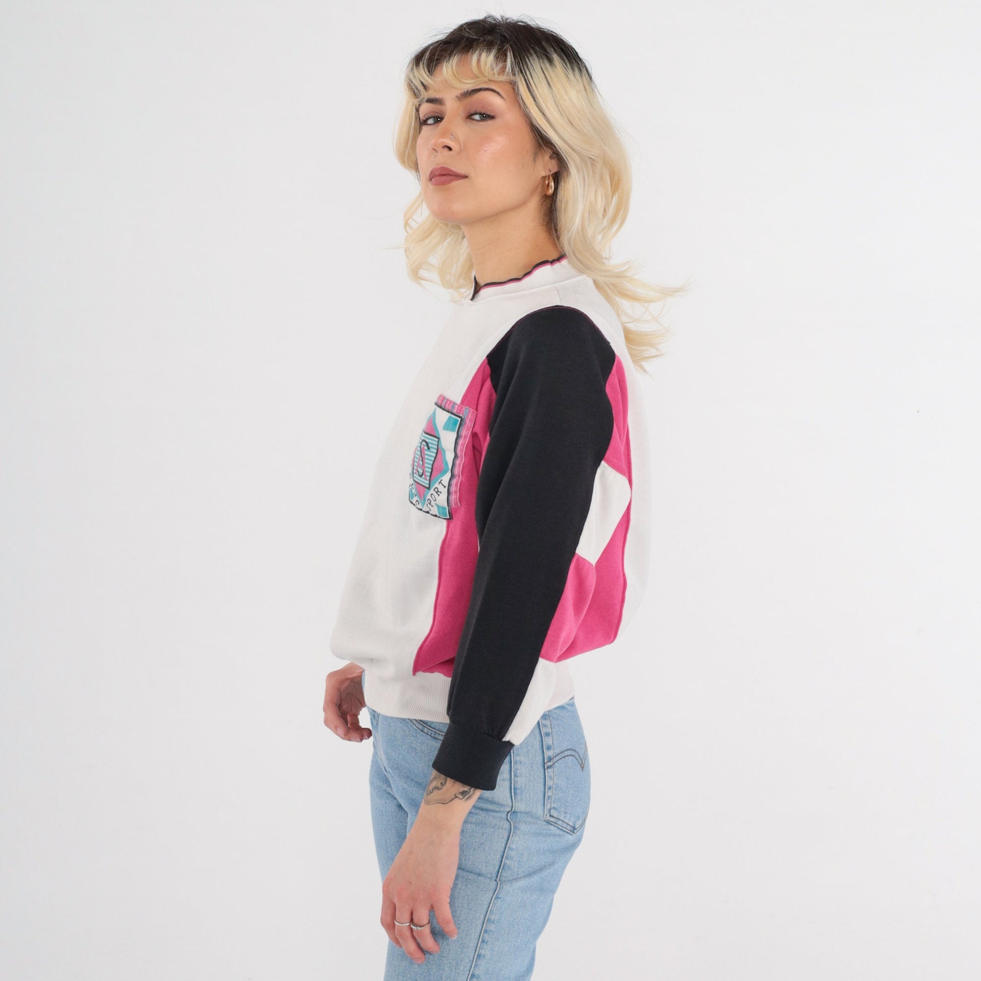 90s Apres Sport Color Block Sweatshirt White Pink Black Crewneck Small