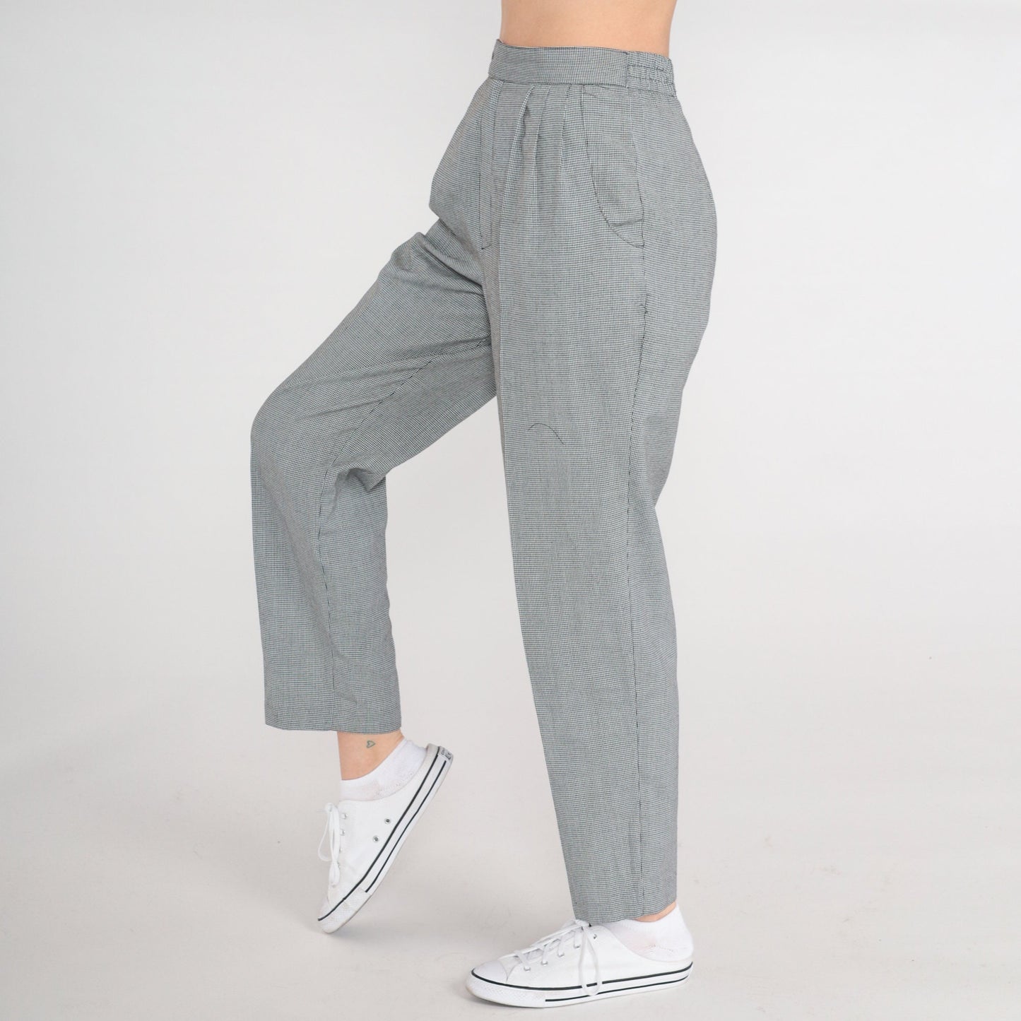 80s Checkered High-Waisted Tapered Trousers Pleated Plaid Pants Small