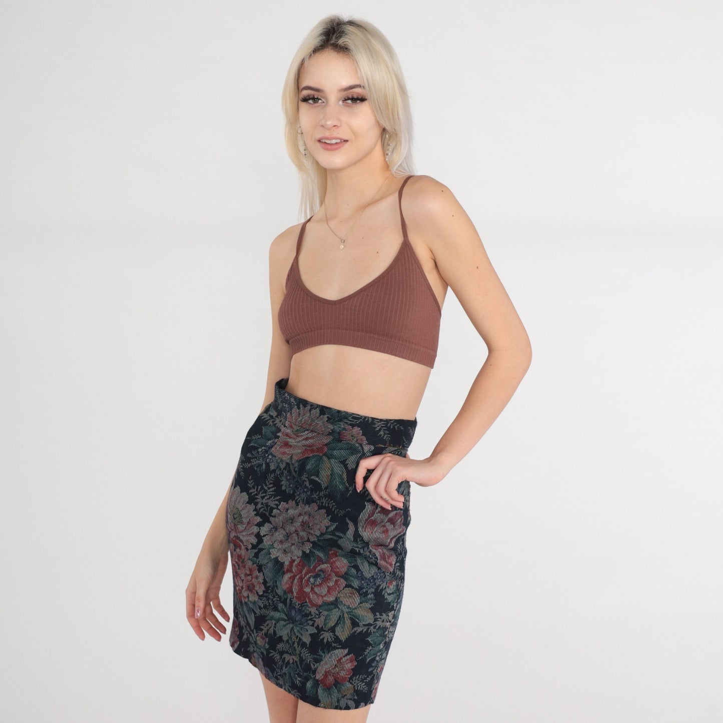 80s Byer of California Navy Floral Corduroy Mini Skirt High Waisted Pencil Extra Small