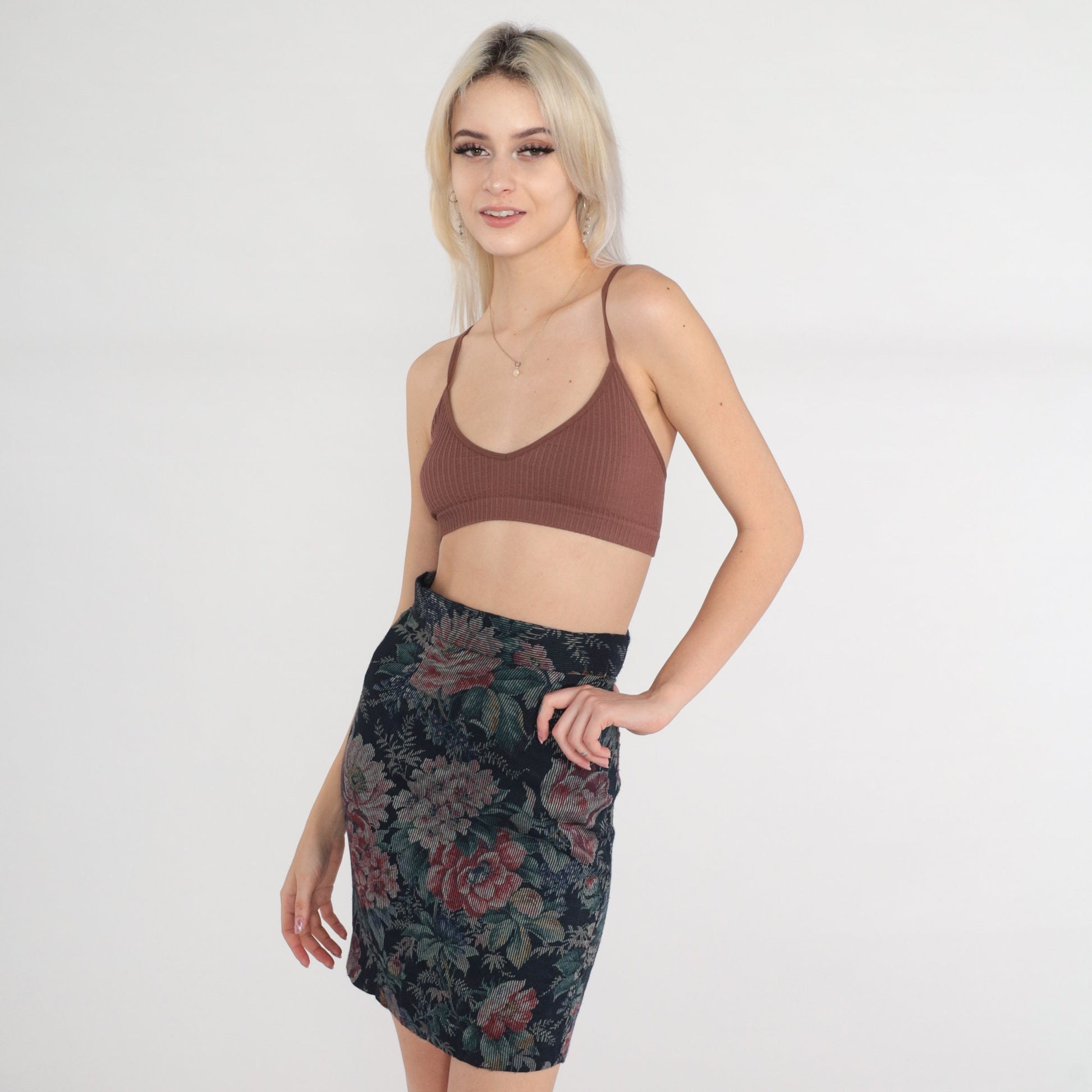 80s Byer of California Navy Floral Corduroy Mini Skirt High Waisted Pencil Extra Small