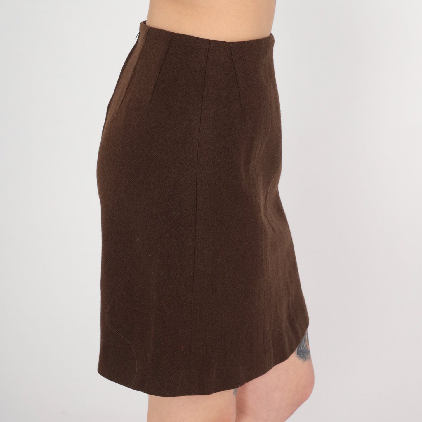 70s Brown Wool Pencil Skirt High Waist Rear Zip Small