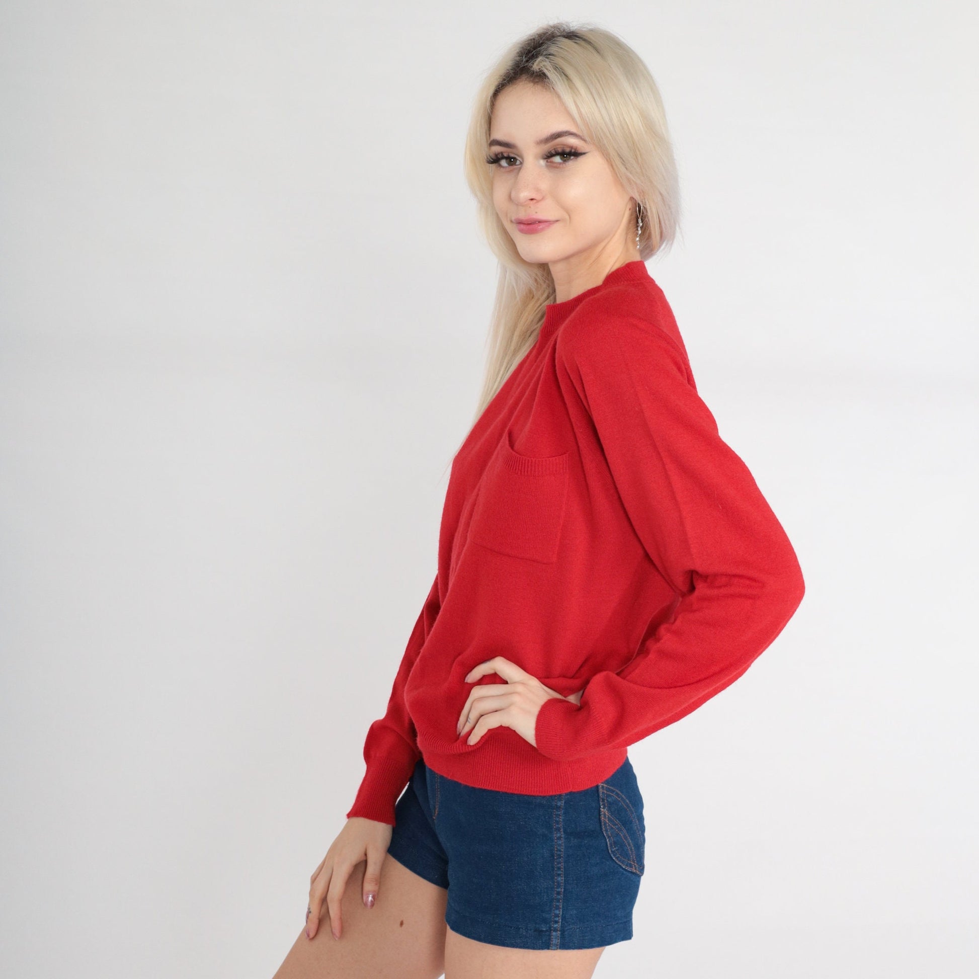 90s Red Lambswool Blend Crewneck Pullover Sweater Chest Pocket Medium M