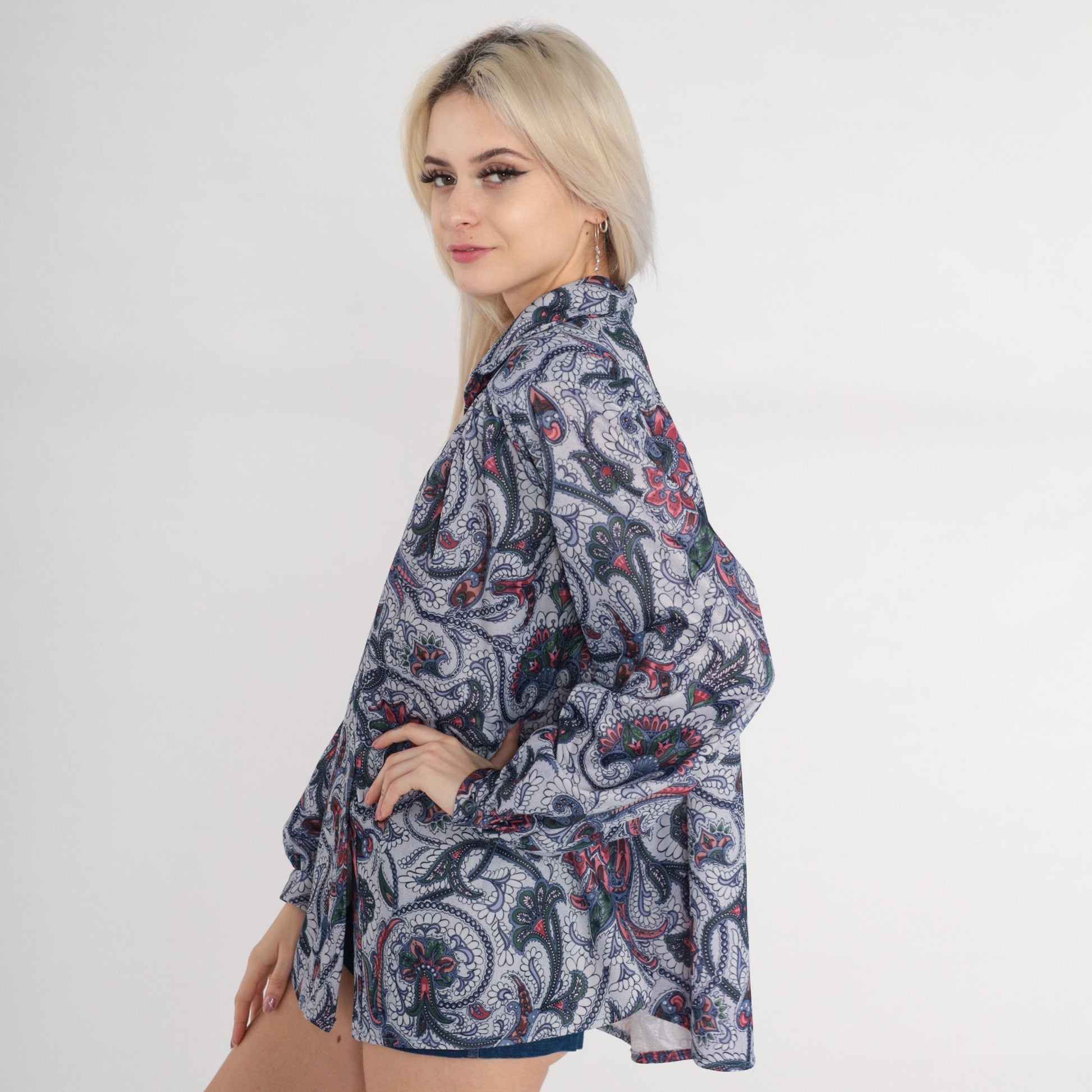 70s Indian Floral Print Button-Up Blouse Long Sleeve Pleated Yoke Medium