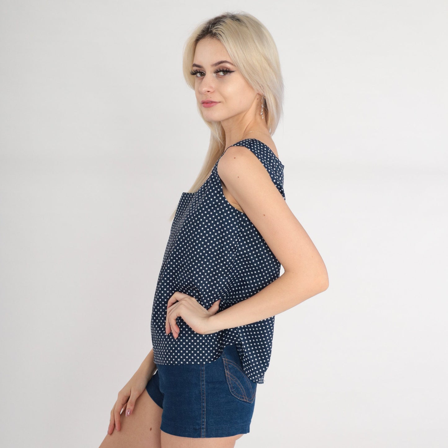 70s Navy Polka Dot Tank Top White Sleeveless Blouse Button Back Small