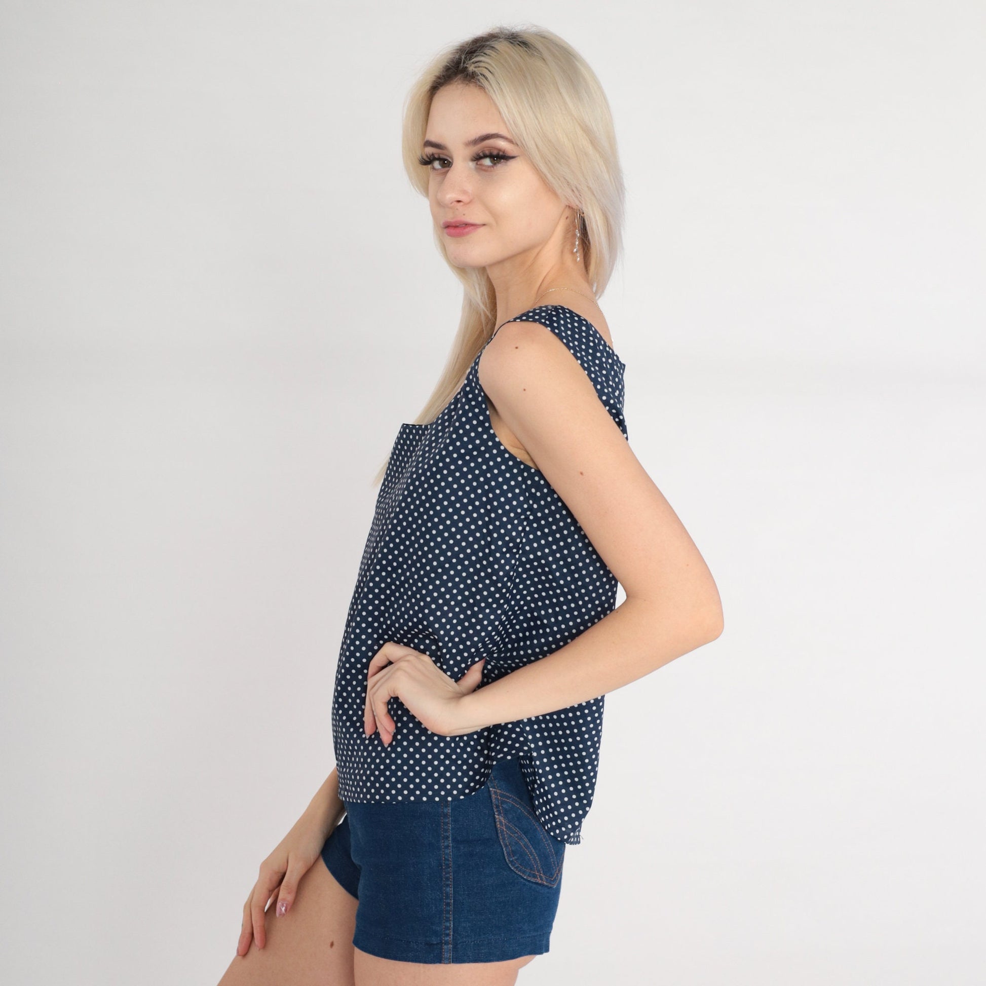 70s Navy Polka Dot Tank Top White Sleeveless Blouse Button Back Small