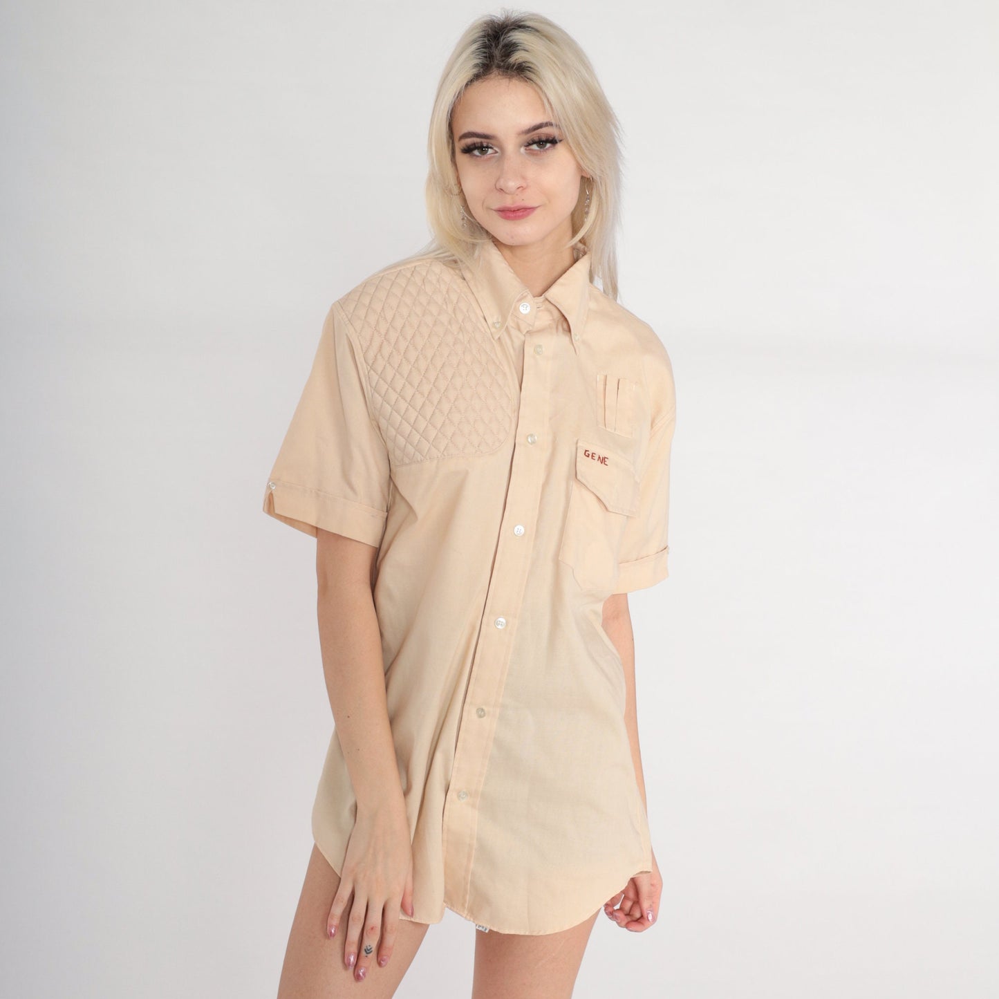 70s Gotcha Trap Team Hunting Shirt Beige Quilted Button Up Medium