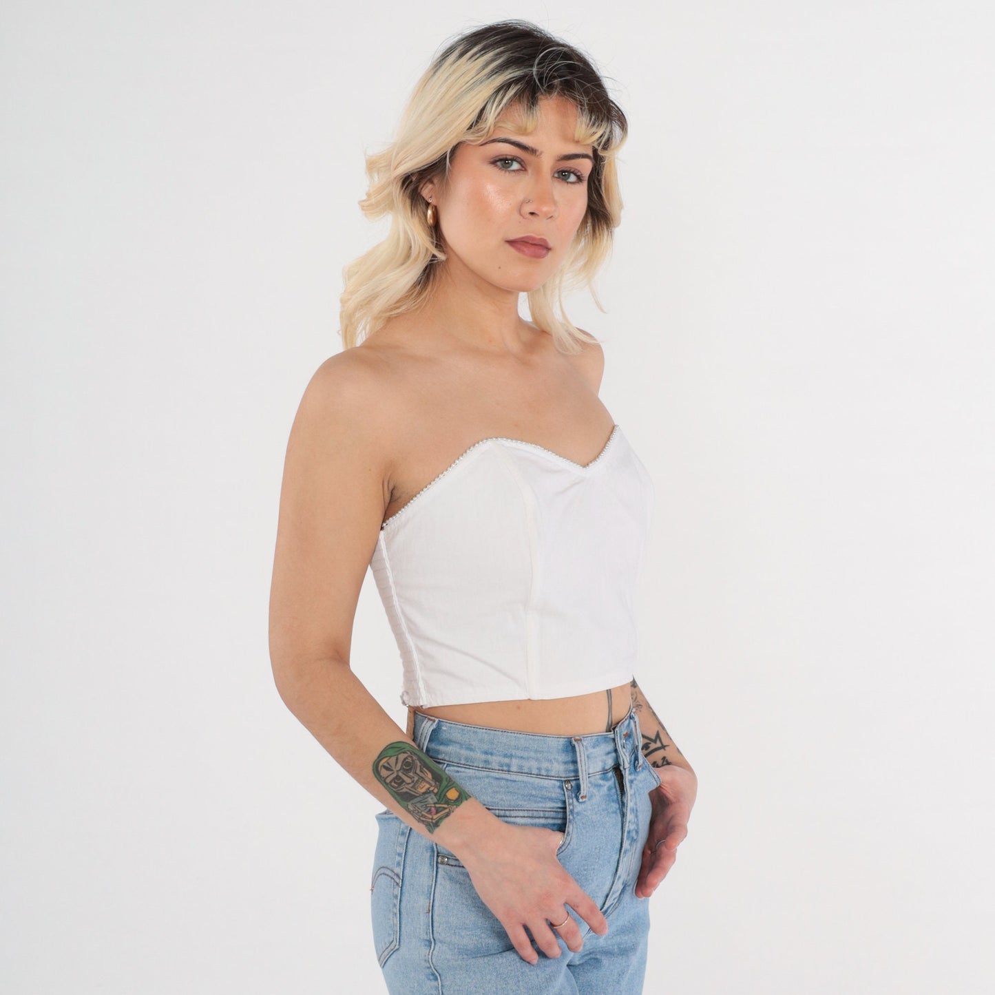80s White Bustier Crop Top Pearl Beaded Sweetheart Neckline Smocked Medium