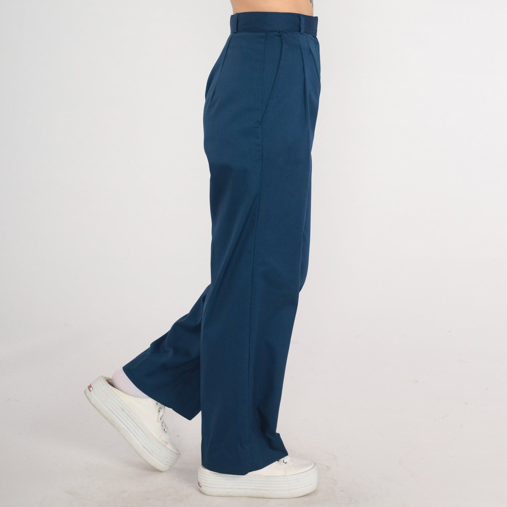 80s Navy High-Waisted Pleated Trousers Tapered Pants Small 26