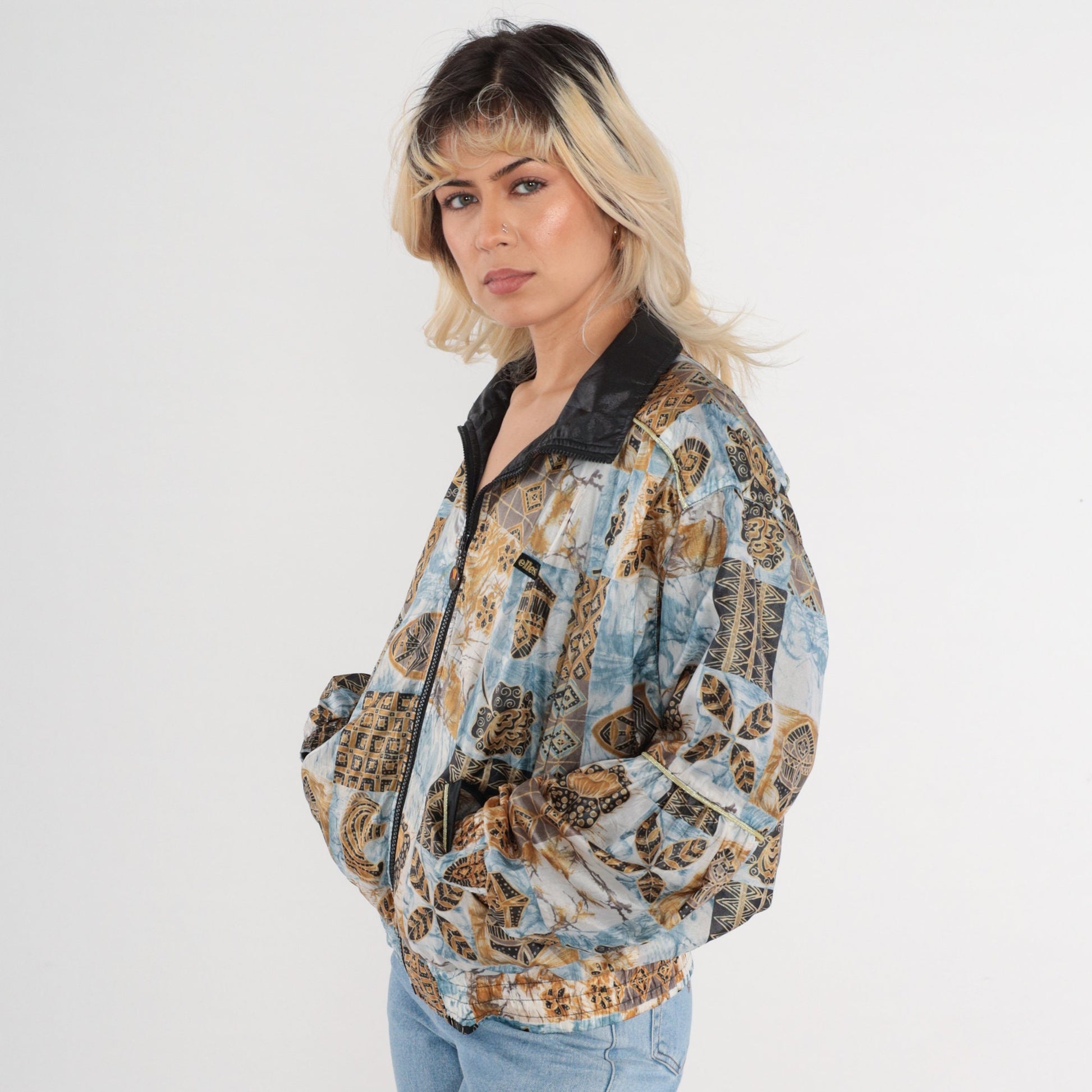 80s Ellesse Windbreaker Jacket Blue White Marble Geometric Floral Print Zip Bomber XS