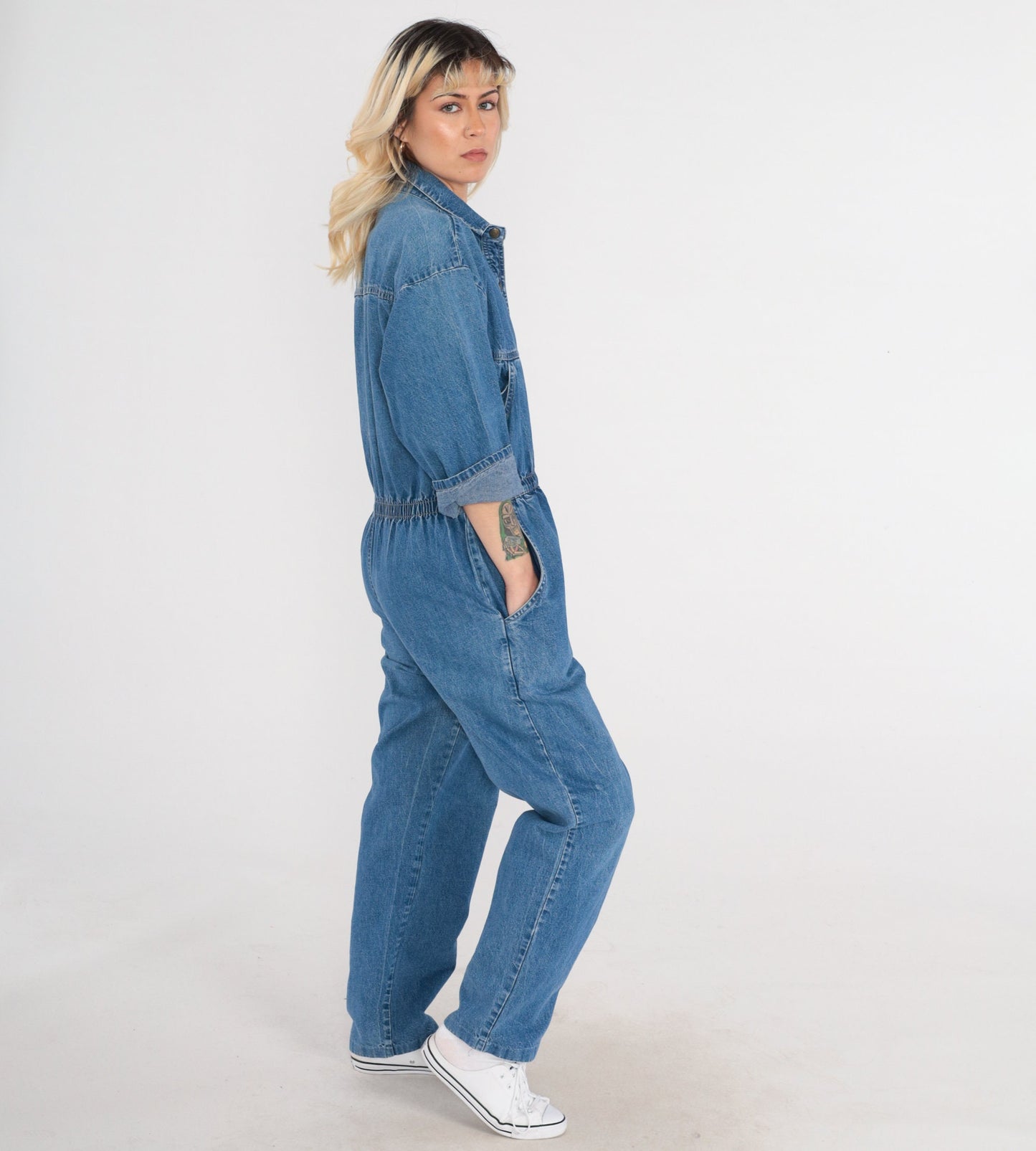 90s Ideas Denim Jumpsuit Blue Snap Chest 3/4 Sleeve Medium