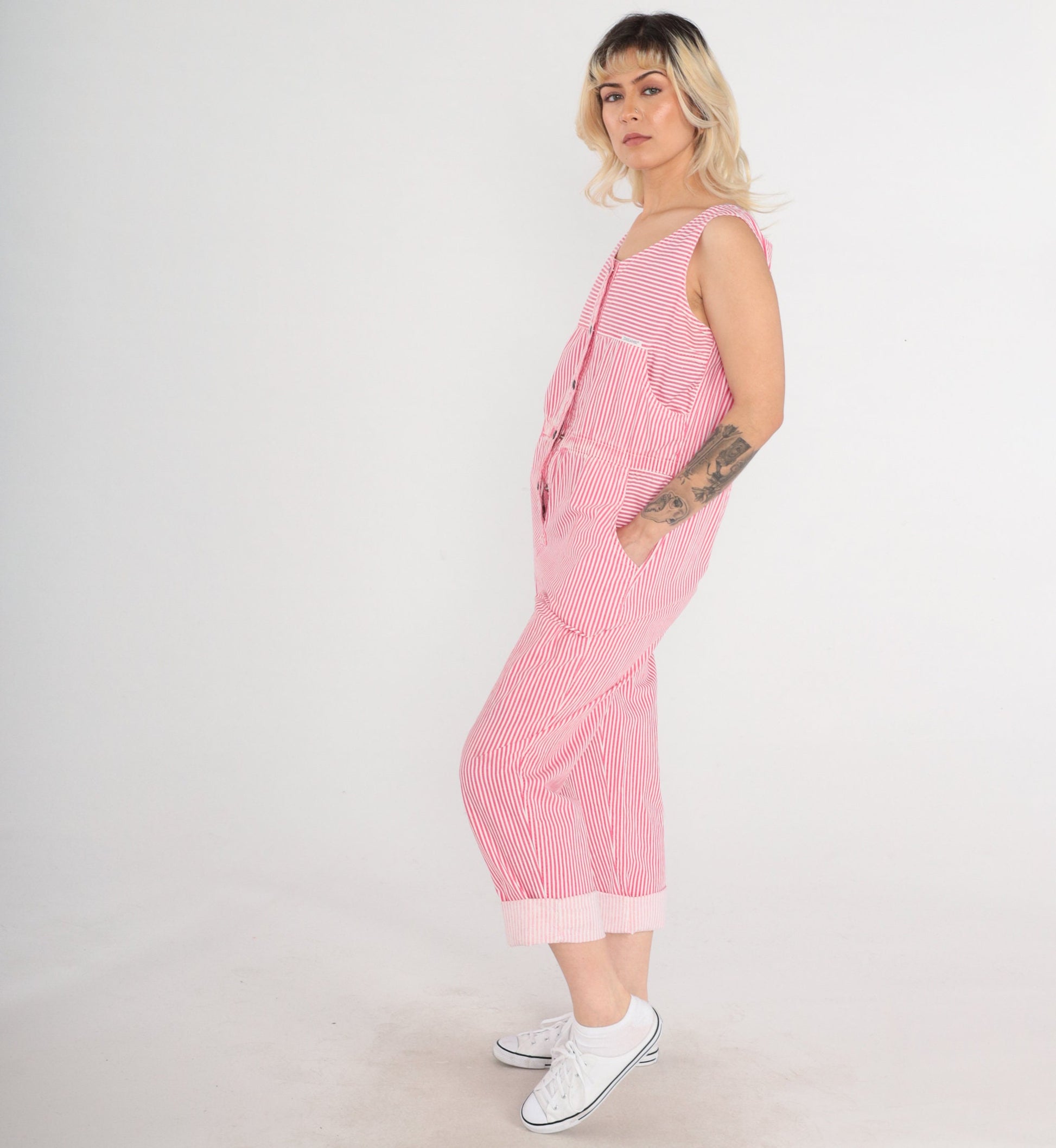 90s Dreams Striped Jumpsuit Pink White Snap Front Sleeveless Medium