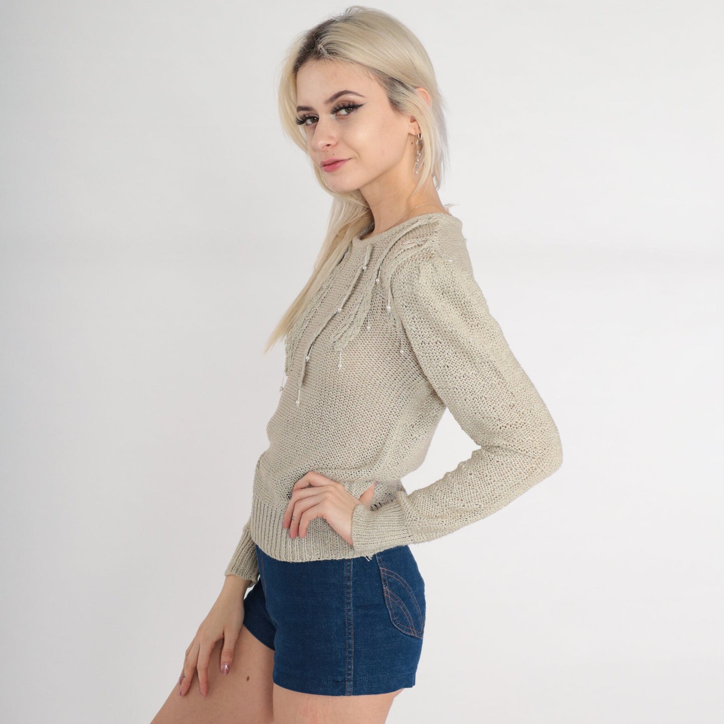 80s Currents Pearl Beaded Taupe Knit Sweater Puff Sleeve Extra Small
