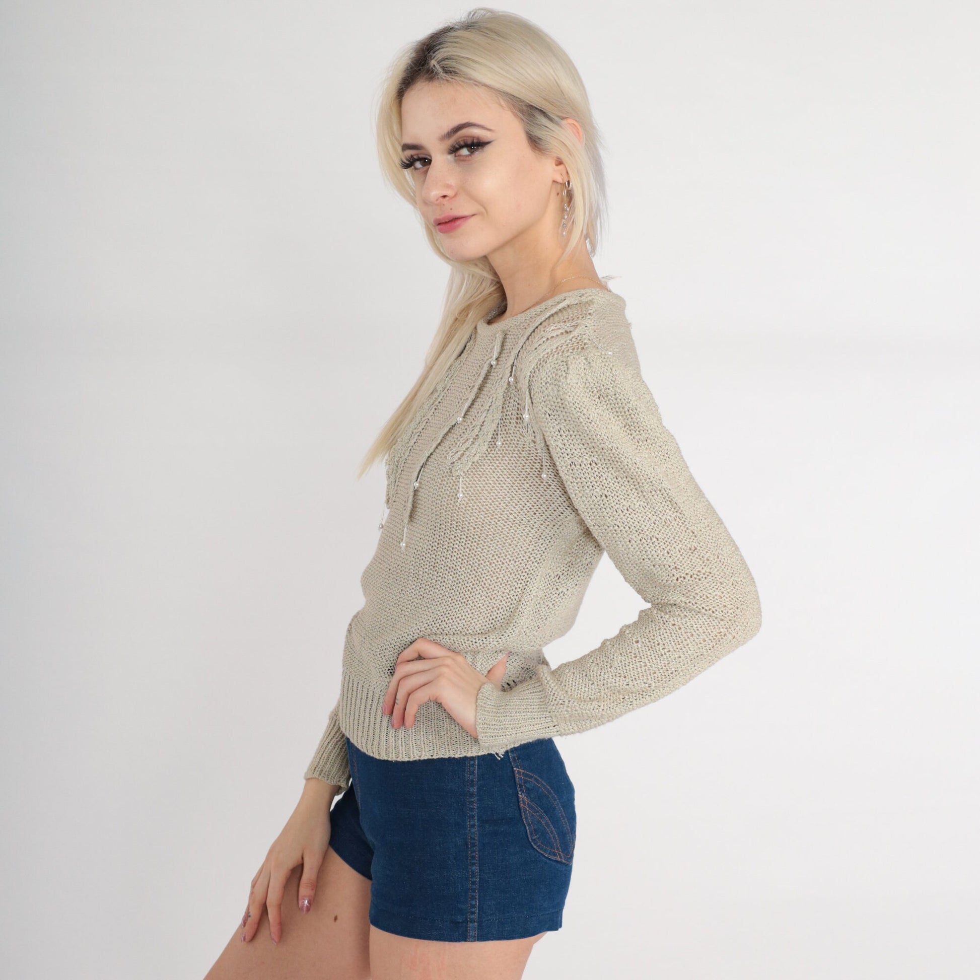 80s Currents Pearl Beaded Taupe Knit Sweater Puff Sleeve Extra Small