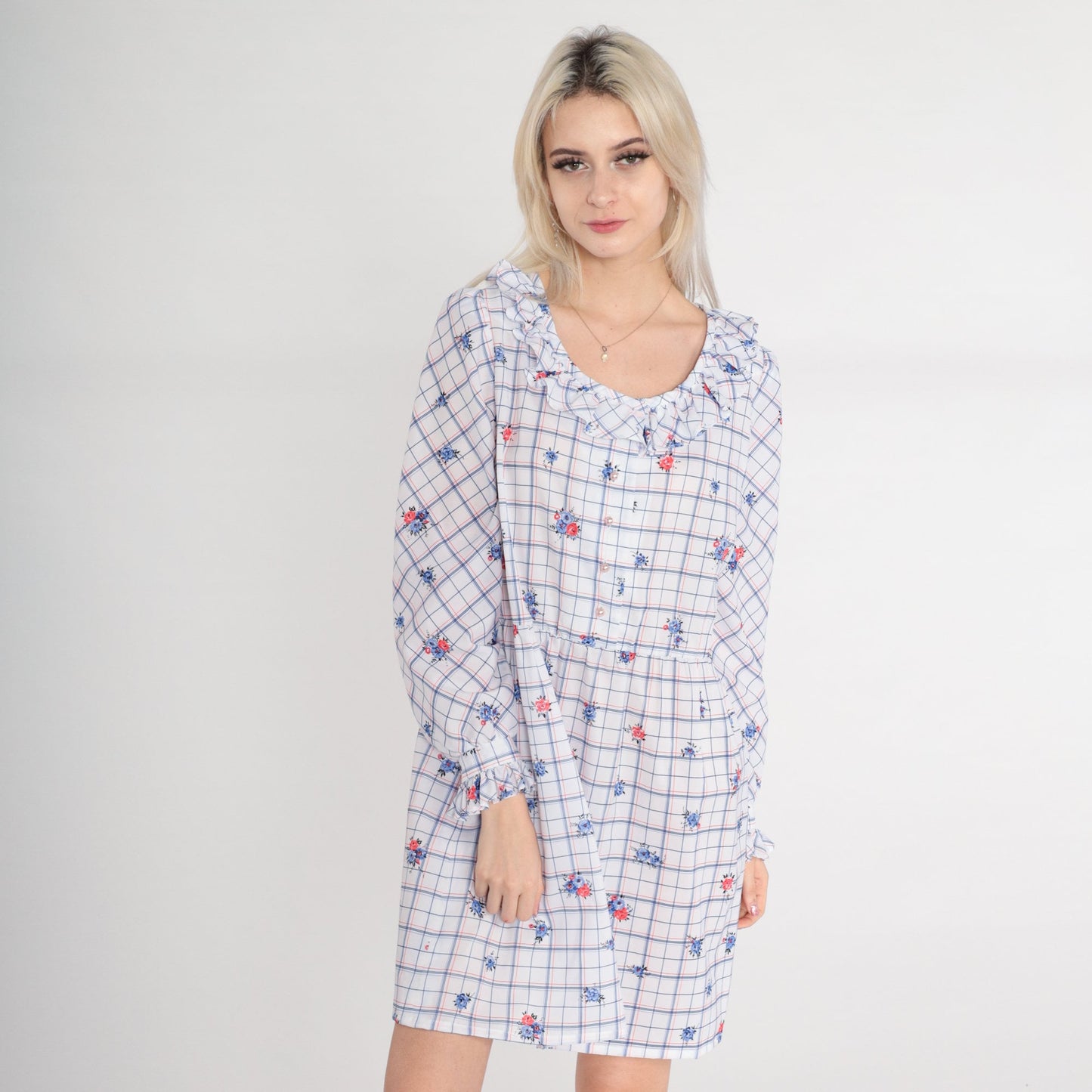 70s Checkered Floral Mini Dress Pearl Button High Waist Puff Sleeve Medium