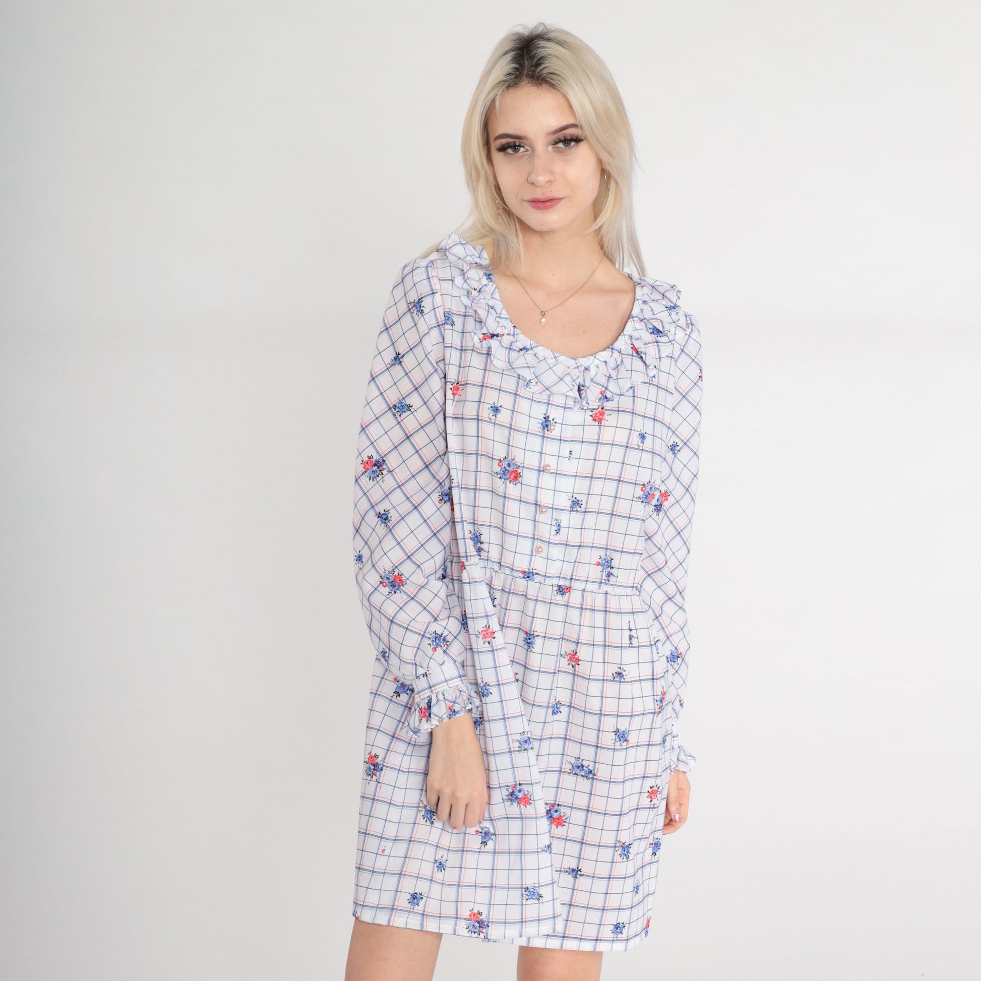 70s Checkered Floral Mini Dress Pearl Button High Waist Puff Sleeve Medium