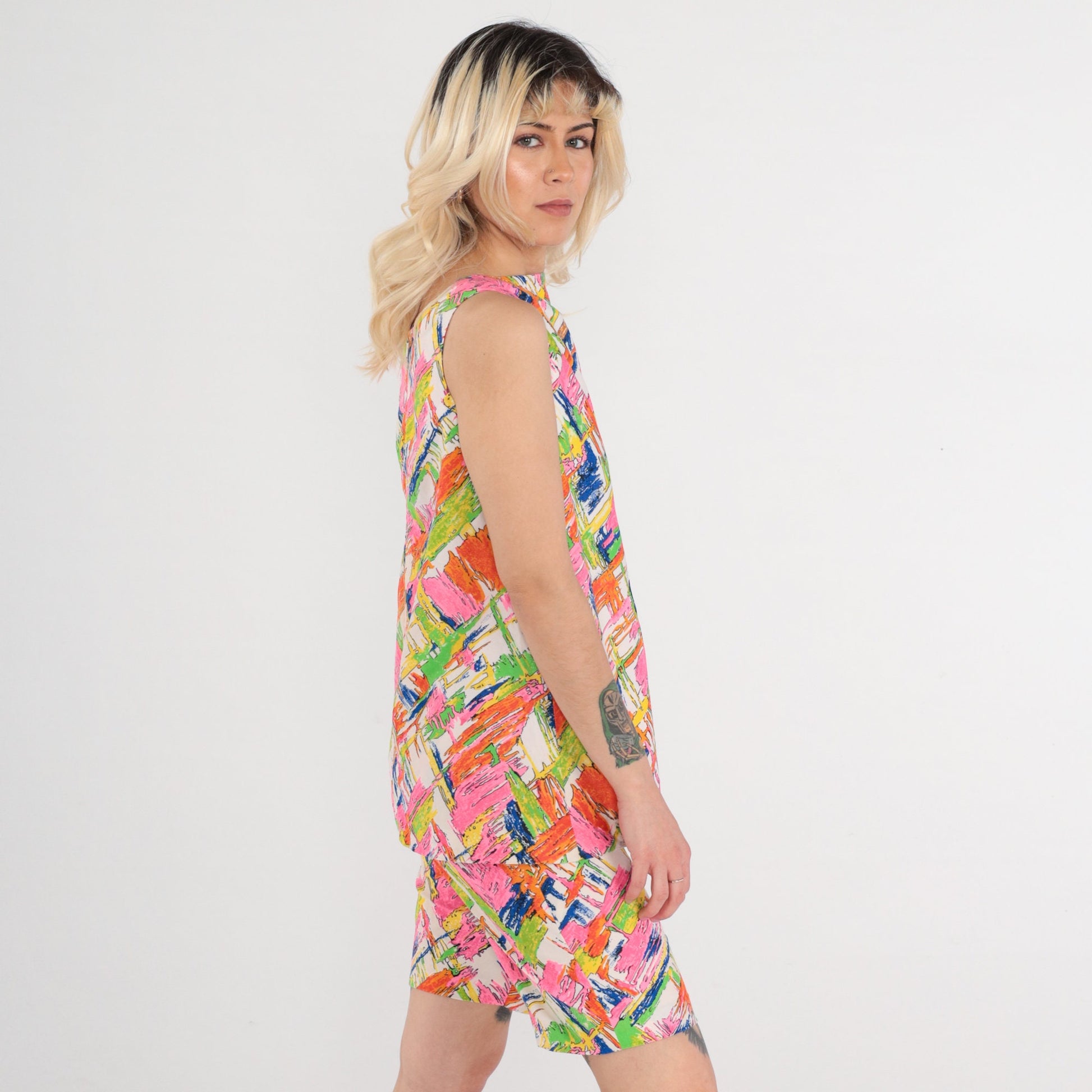 70s Abstract Print Tank Top & Shorts Two Piece Set Psychedelic Small