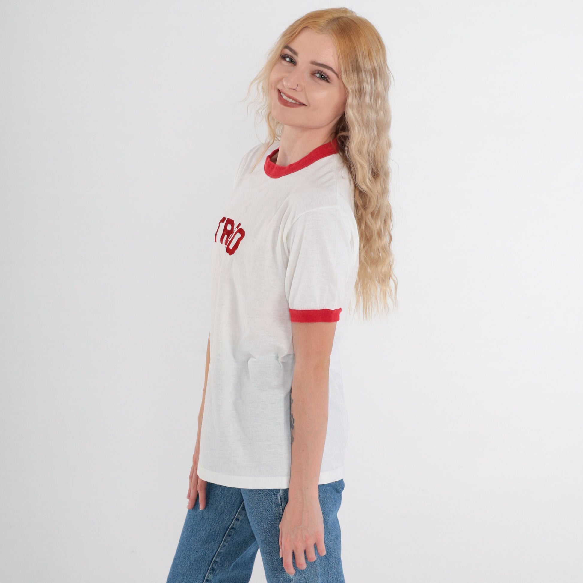 80s TR-50 Ringer Tee White Red Graphic T-Shirt Single Stitch Large L
