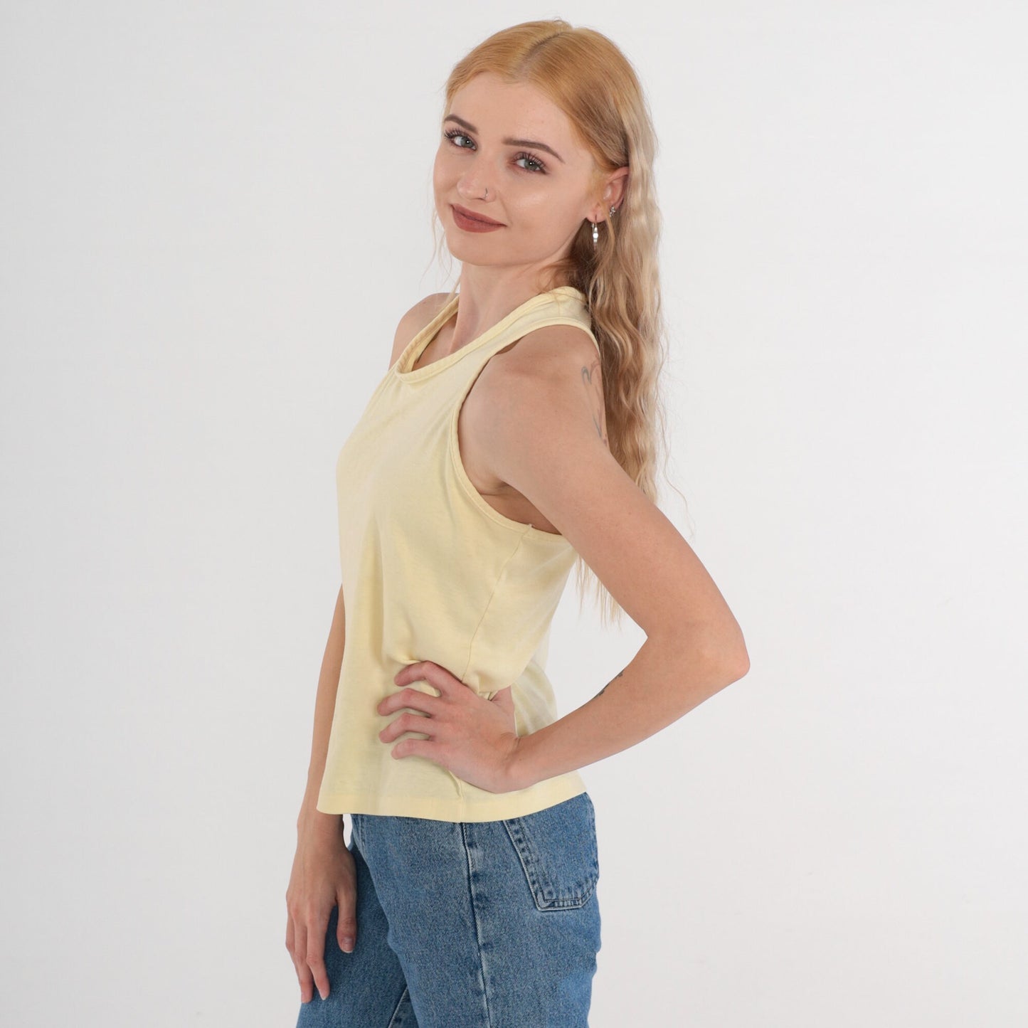 80s Pale Yellow Racerback Tank Top Cotton Blend Single Stitch Small