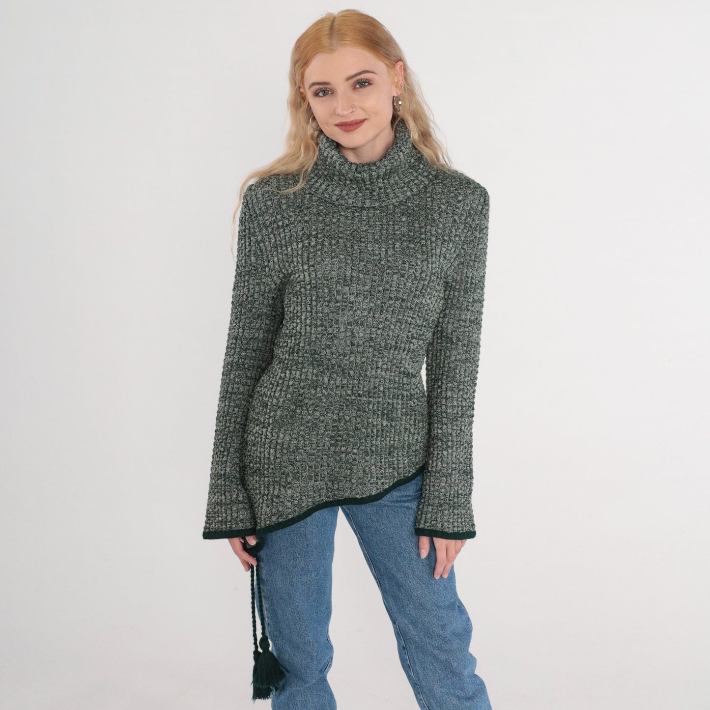 80s Heather Green Wool Blend Turtleneck Sweater Asymmetrical Hem Tassel Medium Large