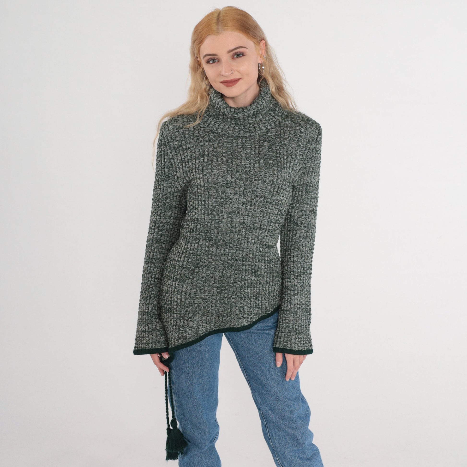 80s Heather Green Wool Blend Turtleneck Sweater Asymmetrical Hem Tassel Medium Large