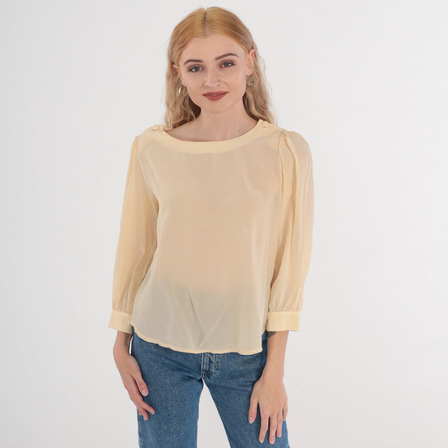 80s Jonathan Martin Cream Silk Blouse Puff Sleeve Button Shoulder Medium