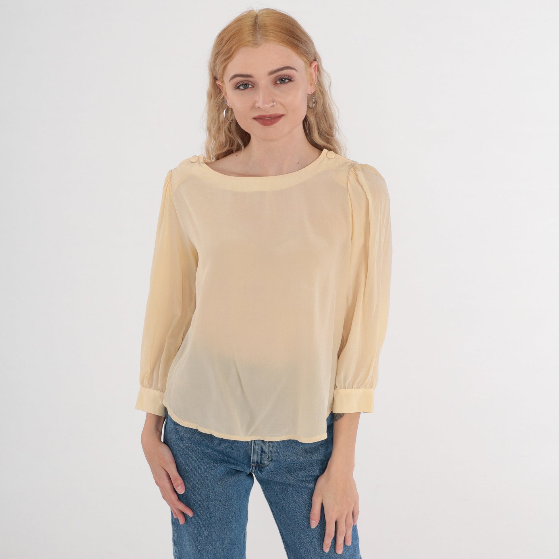 80s Jonathan Martin Cream Silk Blouse Puff Sleeve Button Shoulder Medium