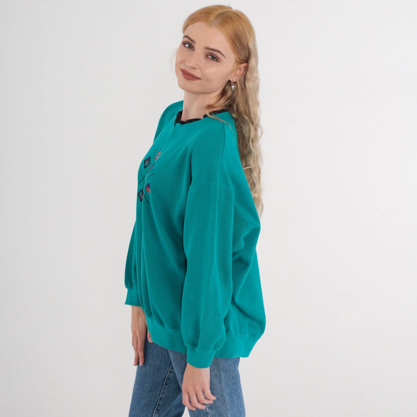90s Koret Sport Embroidered Sweatshirt Teal Crewneck Pullover XXL