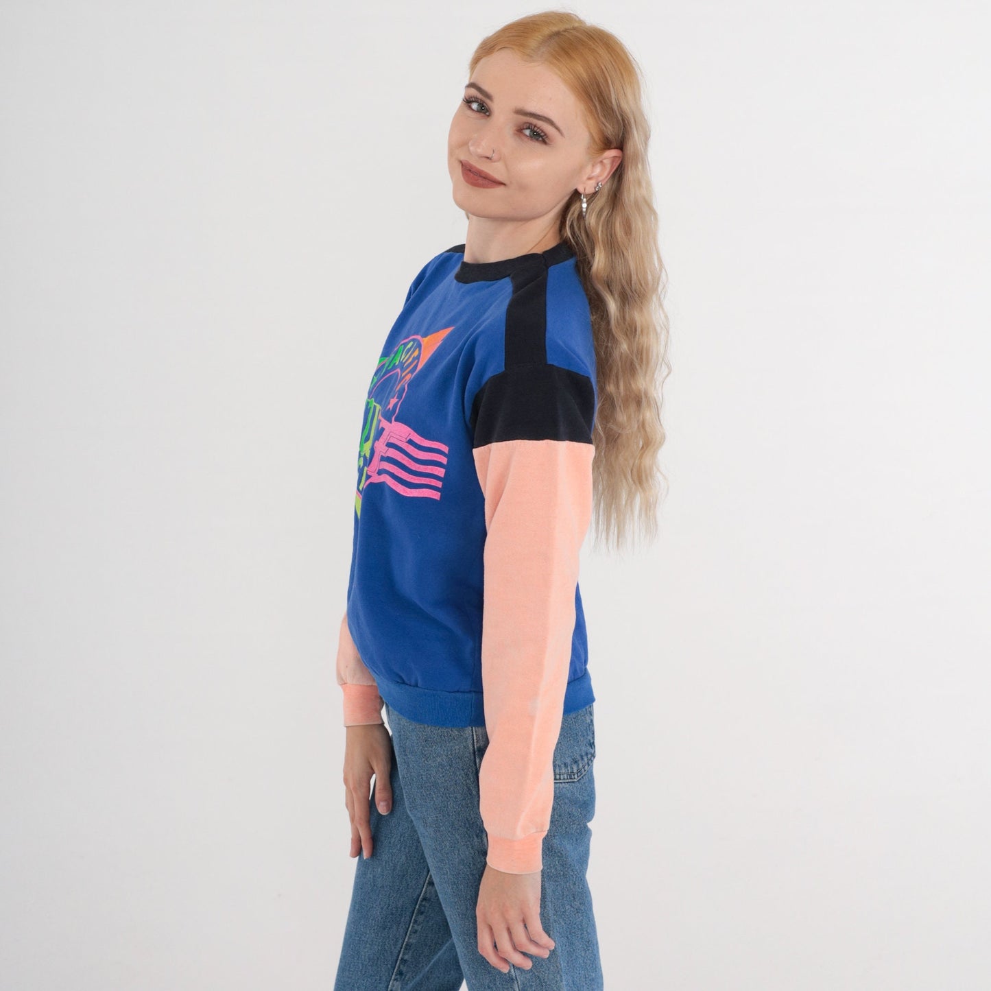 90s Pacific Crew Surf Graphic Sweatshirt Color Block Blue Peach Black Extra Small