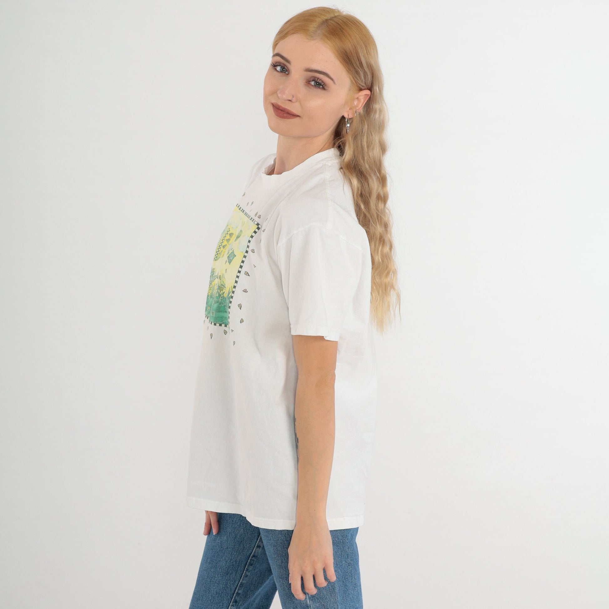 90s Plant the Earth Angel Gardening Graphic T-Shirt White Cotton Medium