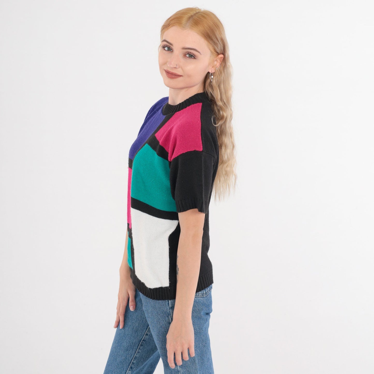 80s Mondrian Color Block Knit Top Short Sleeve Black Pink Purple Green Medium