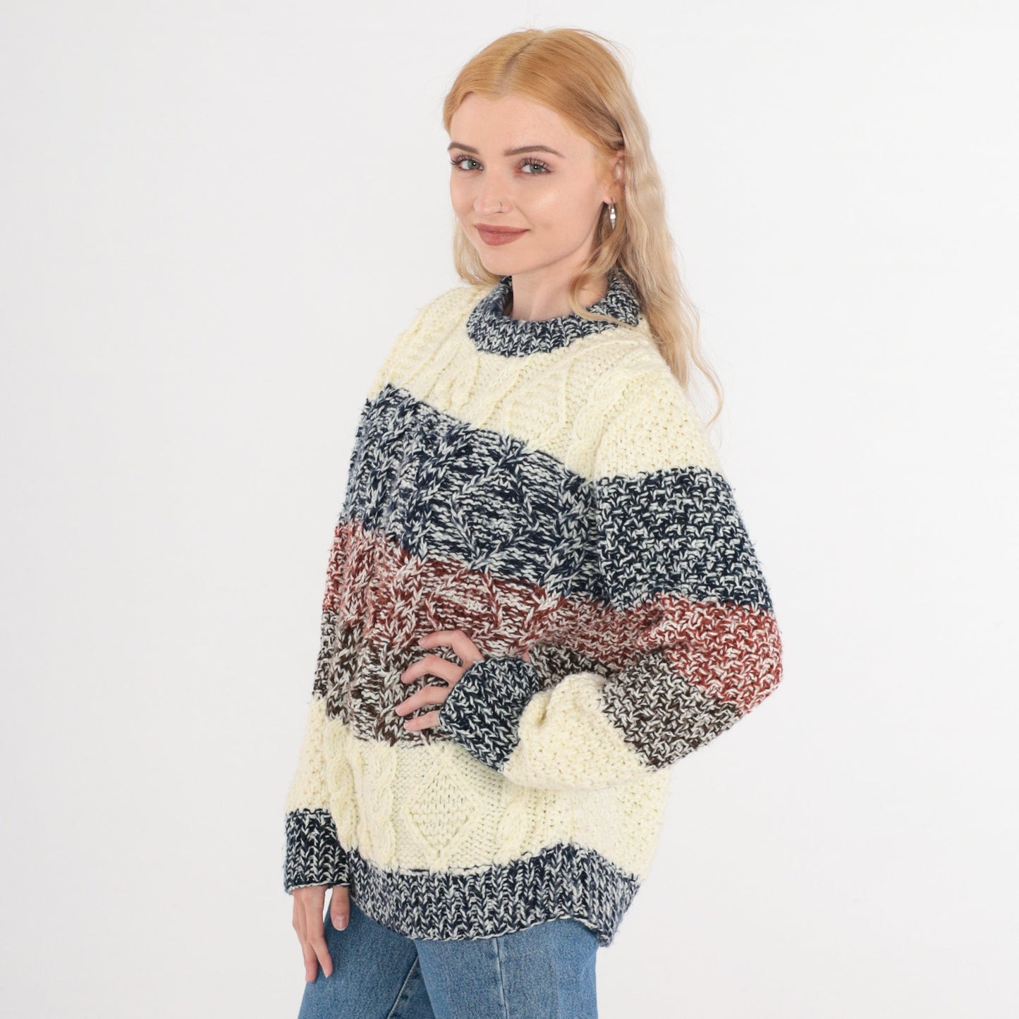 80s Alfie Cable Knit Striped Pullover Sweater Cream Blue Rust Small