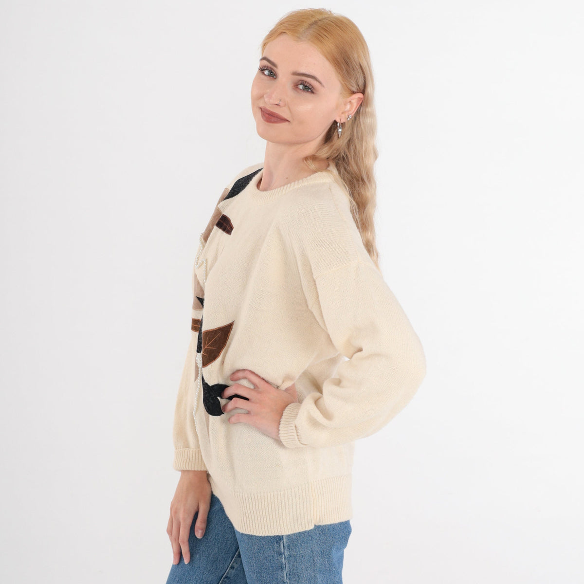 80s Cream Floral Beaded Knit Sweater Pearl Embroidered Pullover Medium