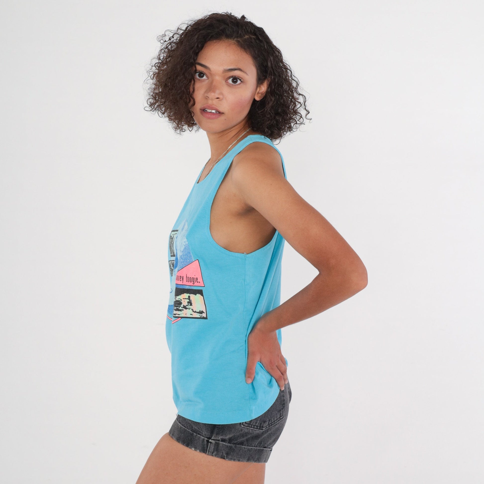 90s Morey Boogie Surfer Tank Top Blue Graphic Muscle Tee Medium