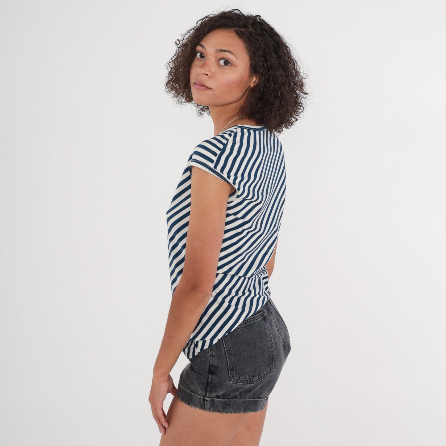 70s Navy White Diagonal Striped Cap Sleeve Blouse Crew Neck Small