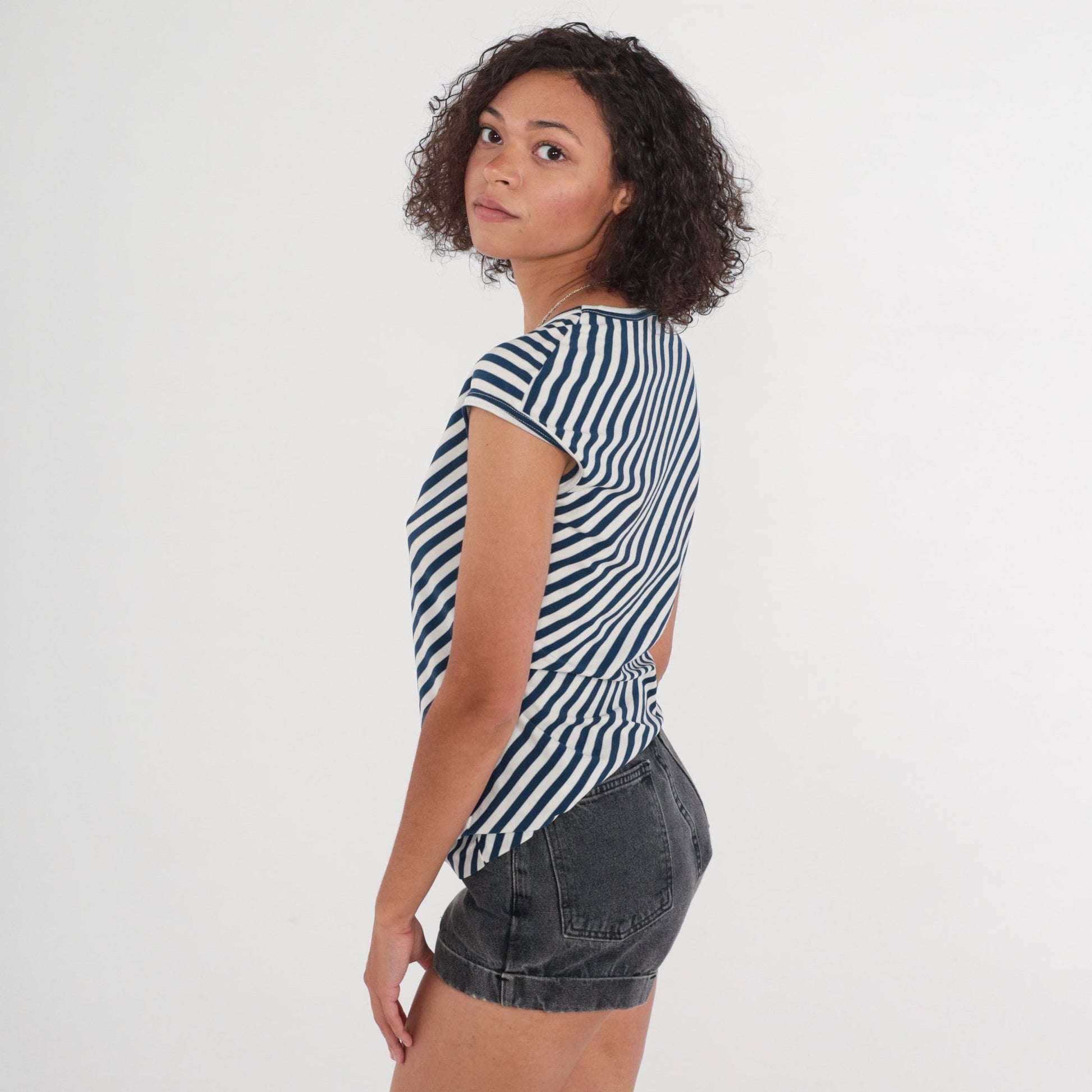 70s Navy White Diagonal Striped Cap Sleeve Blouse Crew Neck Small