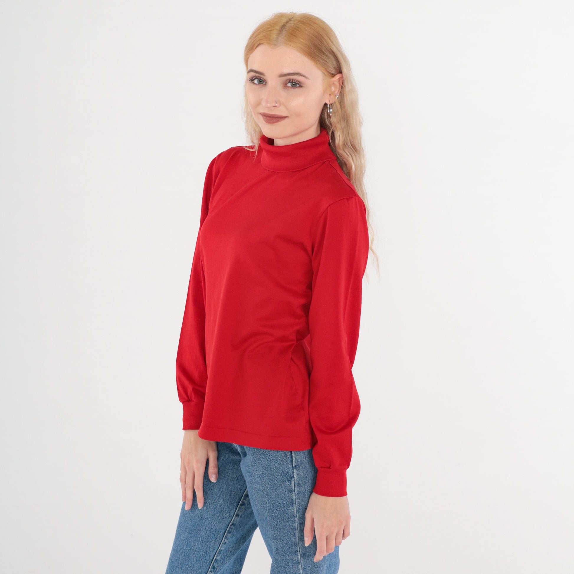 80s Red Turtleneck Long Sleeve Cotton Pullover Medium