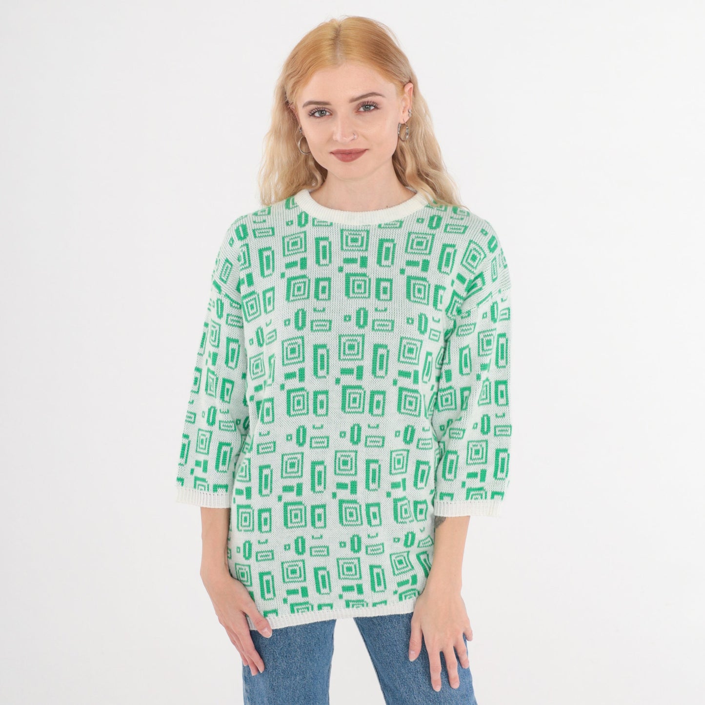 80s Helen Harper Geometric Square Knit Sweater White Green 3/4 Sleeve Small