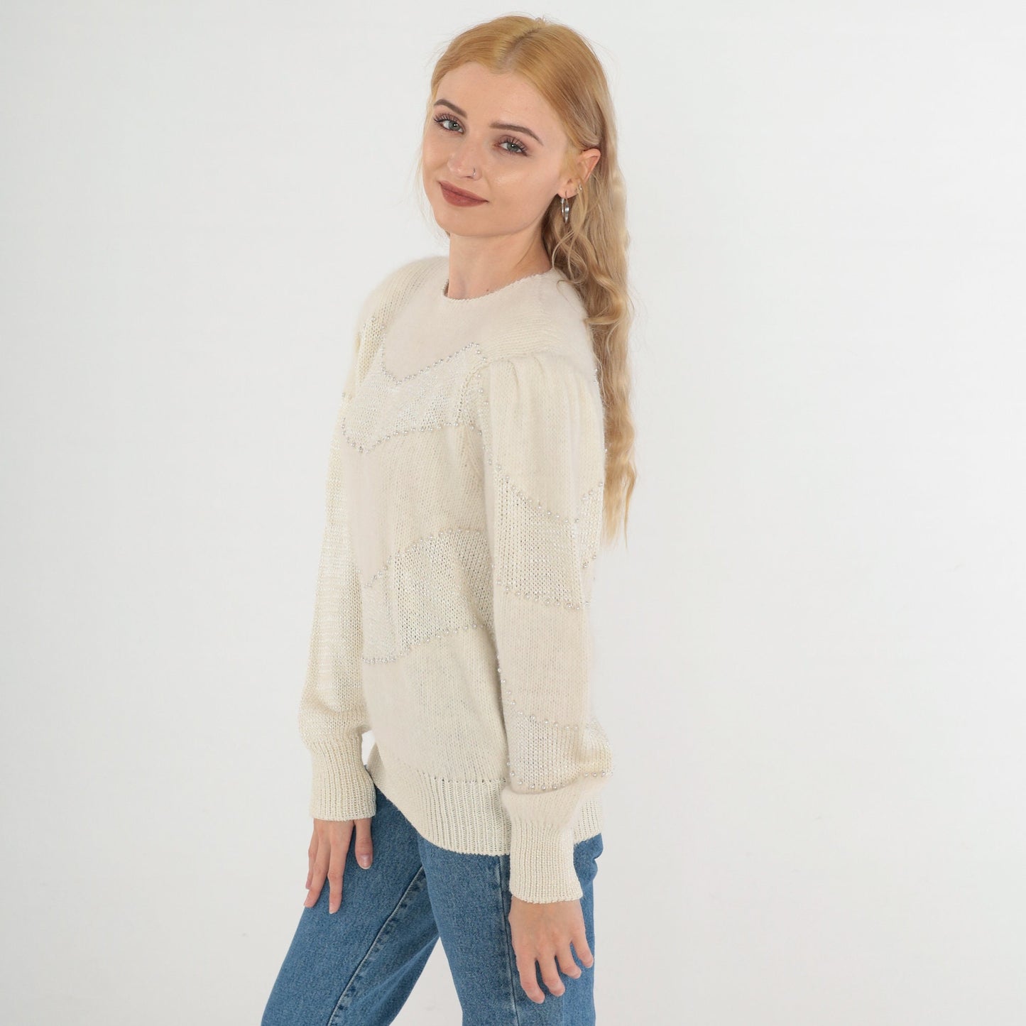 80s Pearl Beaded Off-White Mohair Knit Sweater Puff Sleeve Crewneck Medium M