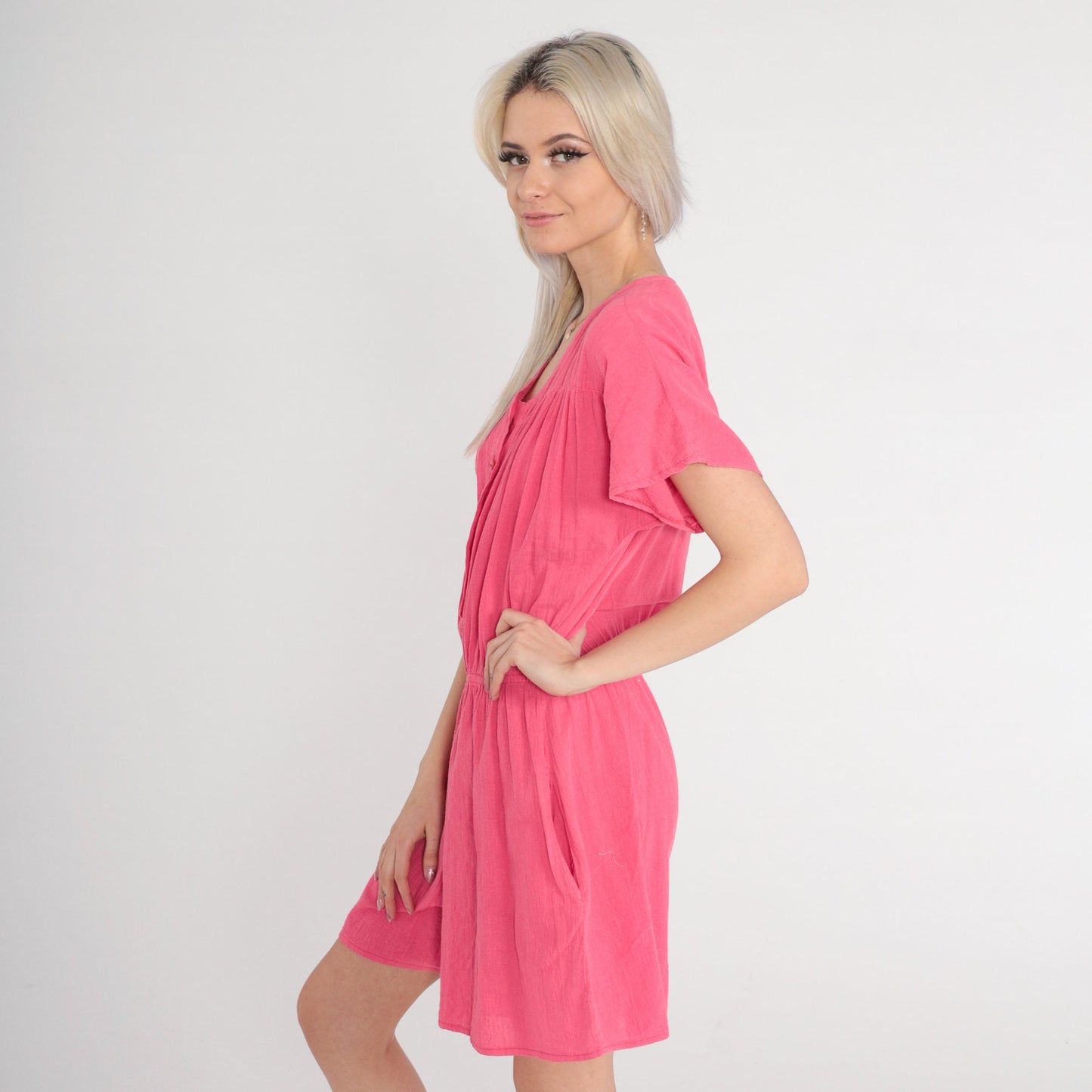 80s Pink Cotton Romper High Waisted Button Front Short Sleeve Small