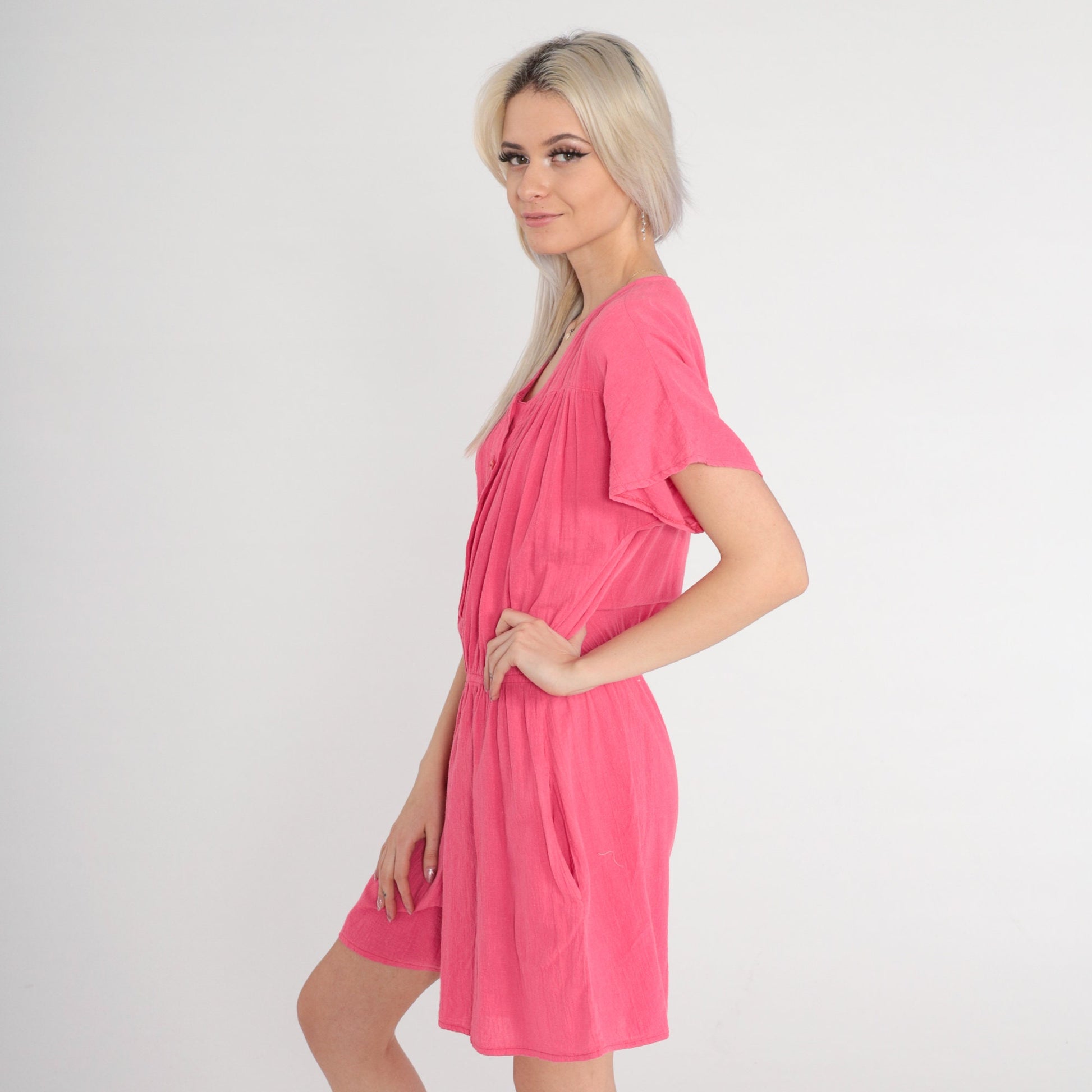 80s Pink Cotton Romper High Waisted Button Front Short Sleeve Small