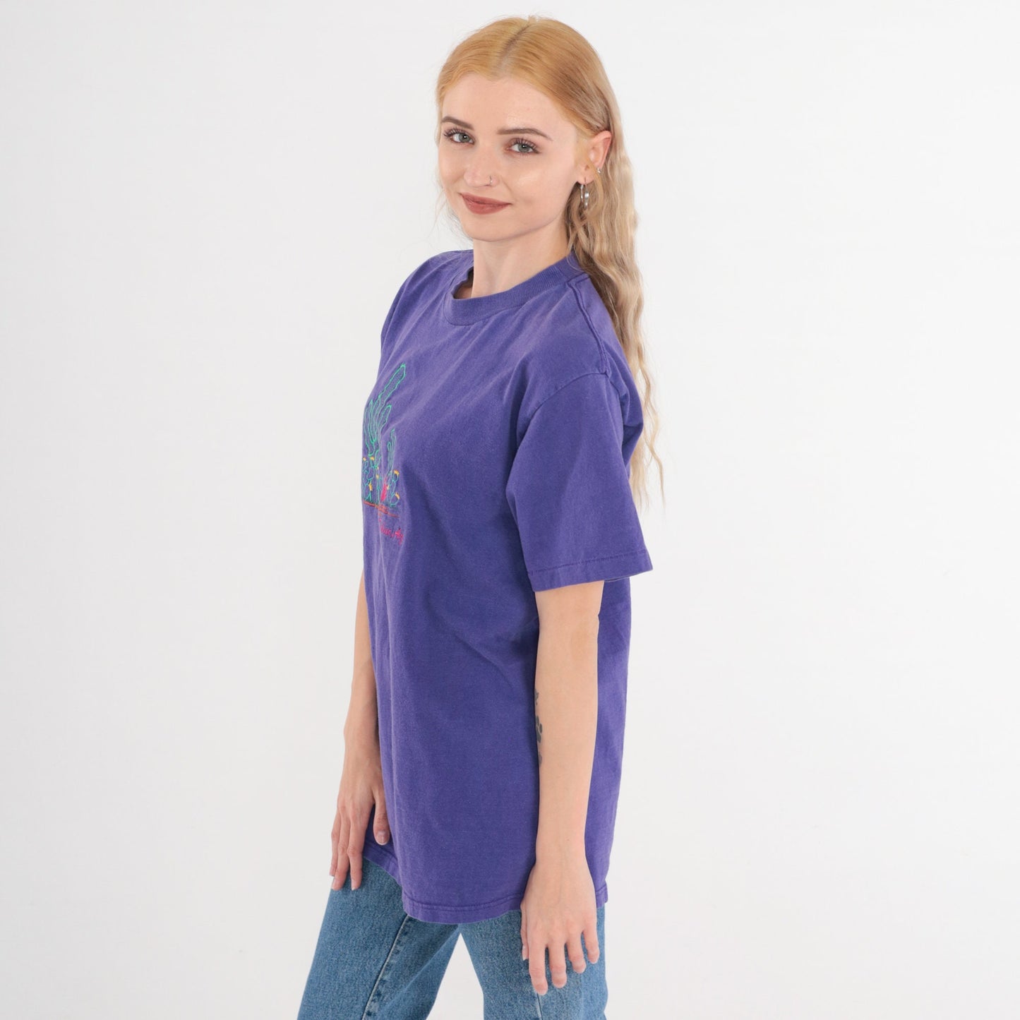90s Tubac Arizona Cactus Embroidered T-Shirt Purple Graphic Tee Medium