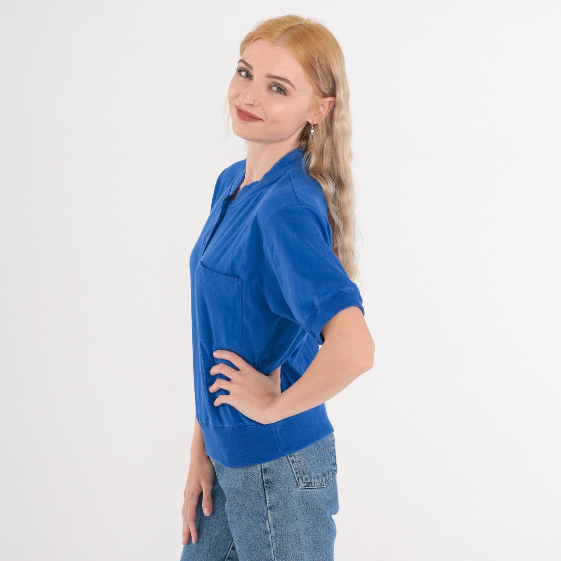 80s Royal Blue Henley Shirt Short Sleeve Banded Hem Small