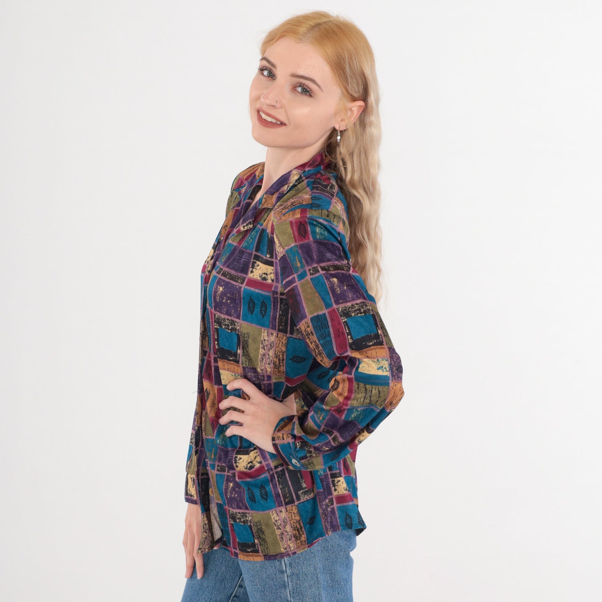 80s Multicolor Leaf Checkered Button-Up Blouse Long Sleeve Medium Large